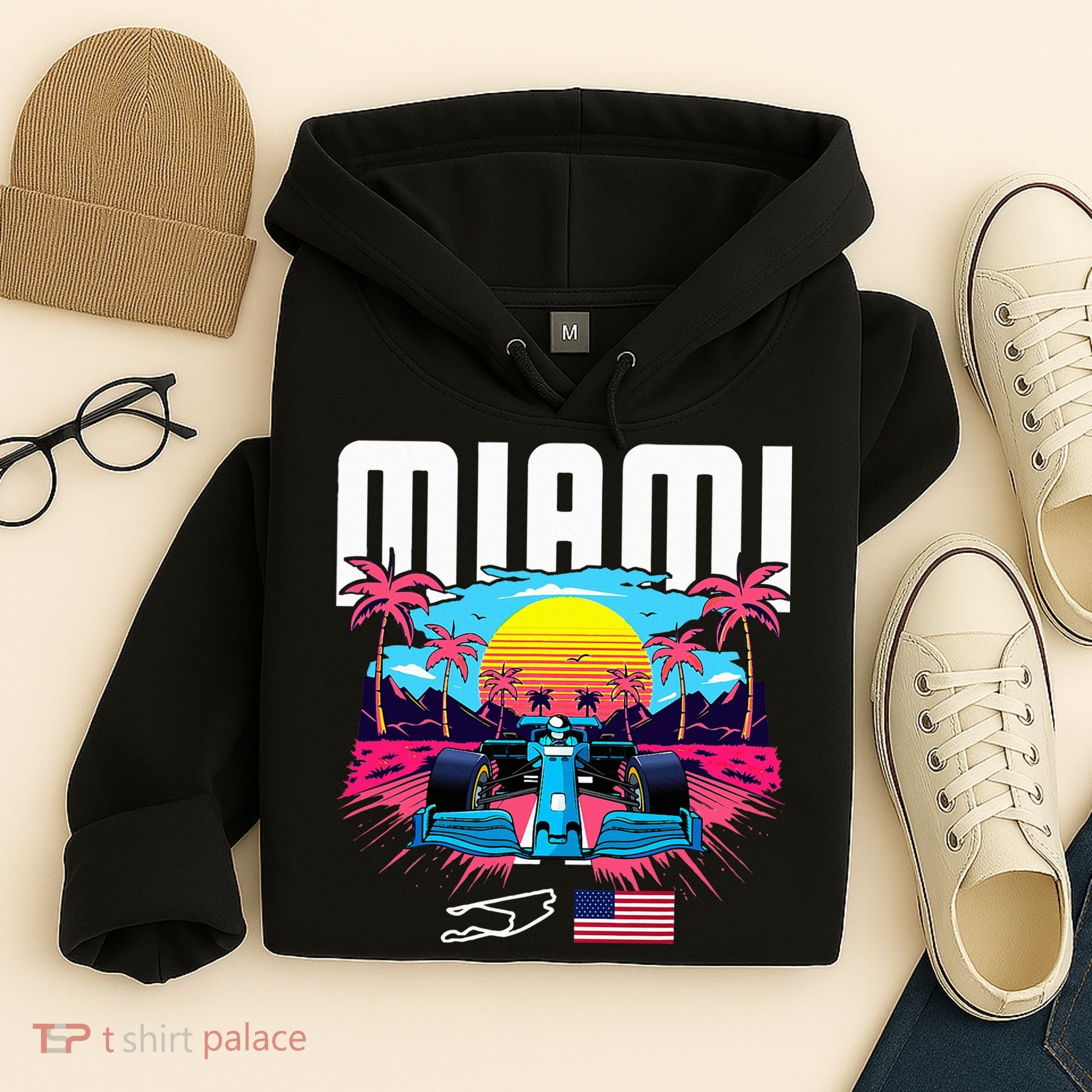 Formula Racing Retro Miami Circuit Usa Flag Race Car Fans Hoodie