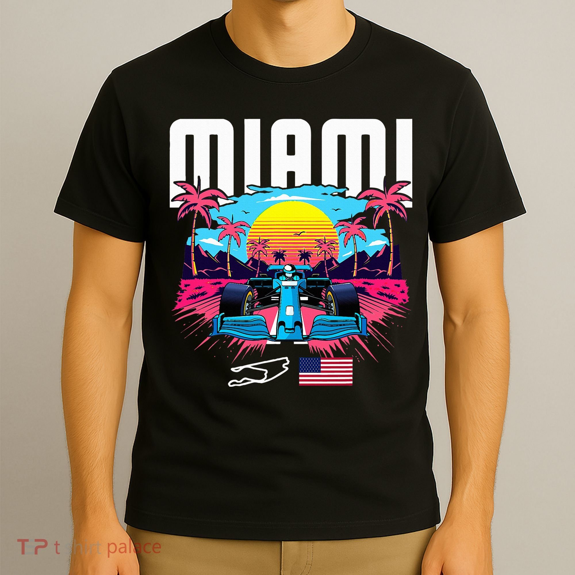 Formula Racing Retro Miami Circuit Usa Flag Race Car Fans T-Shirt
