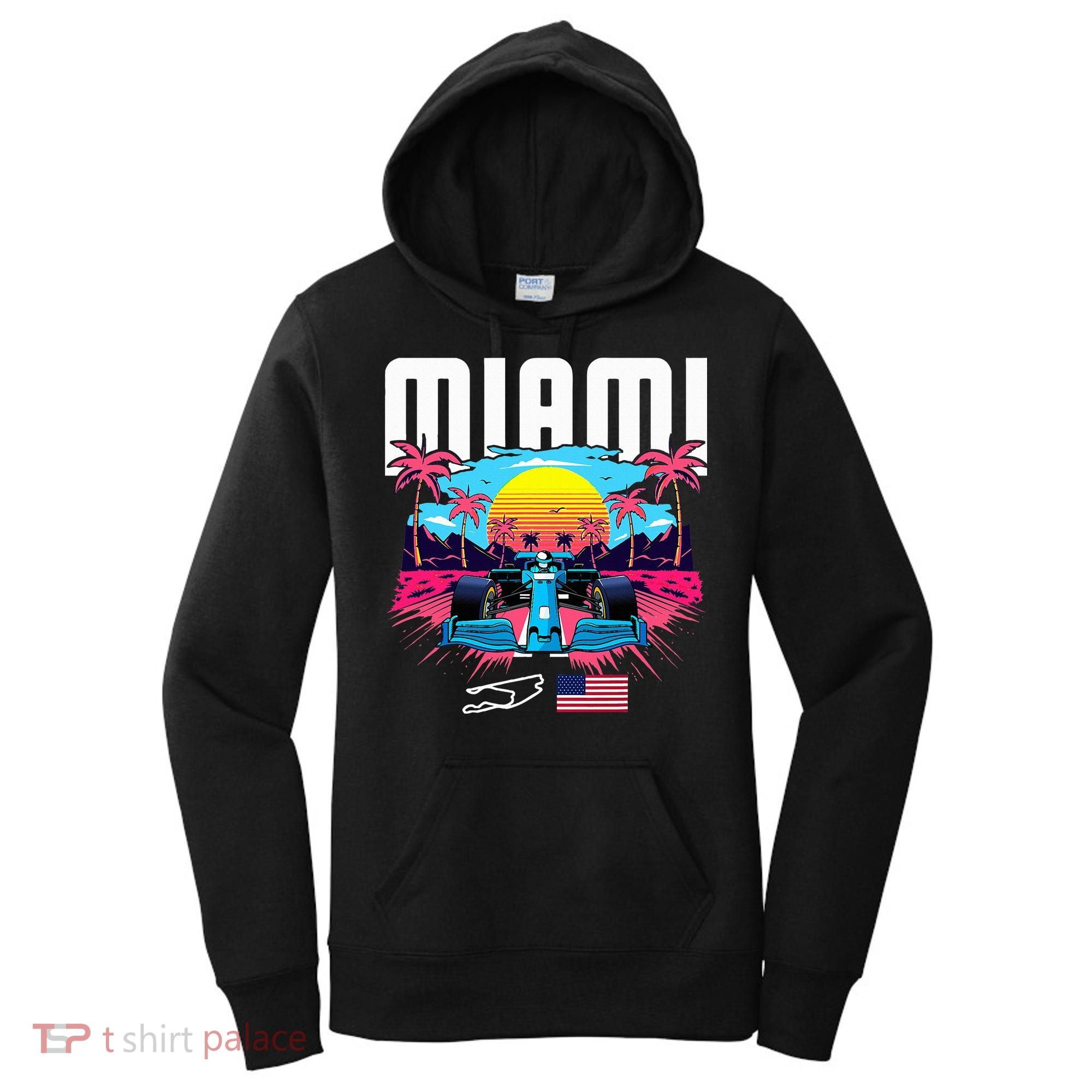 Formula Racing Retro Miami Circuit Usa Flag Race Car Fans Women's Hoodie