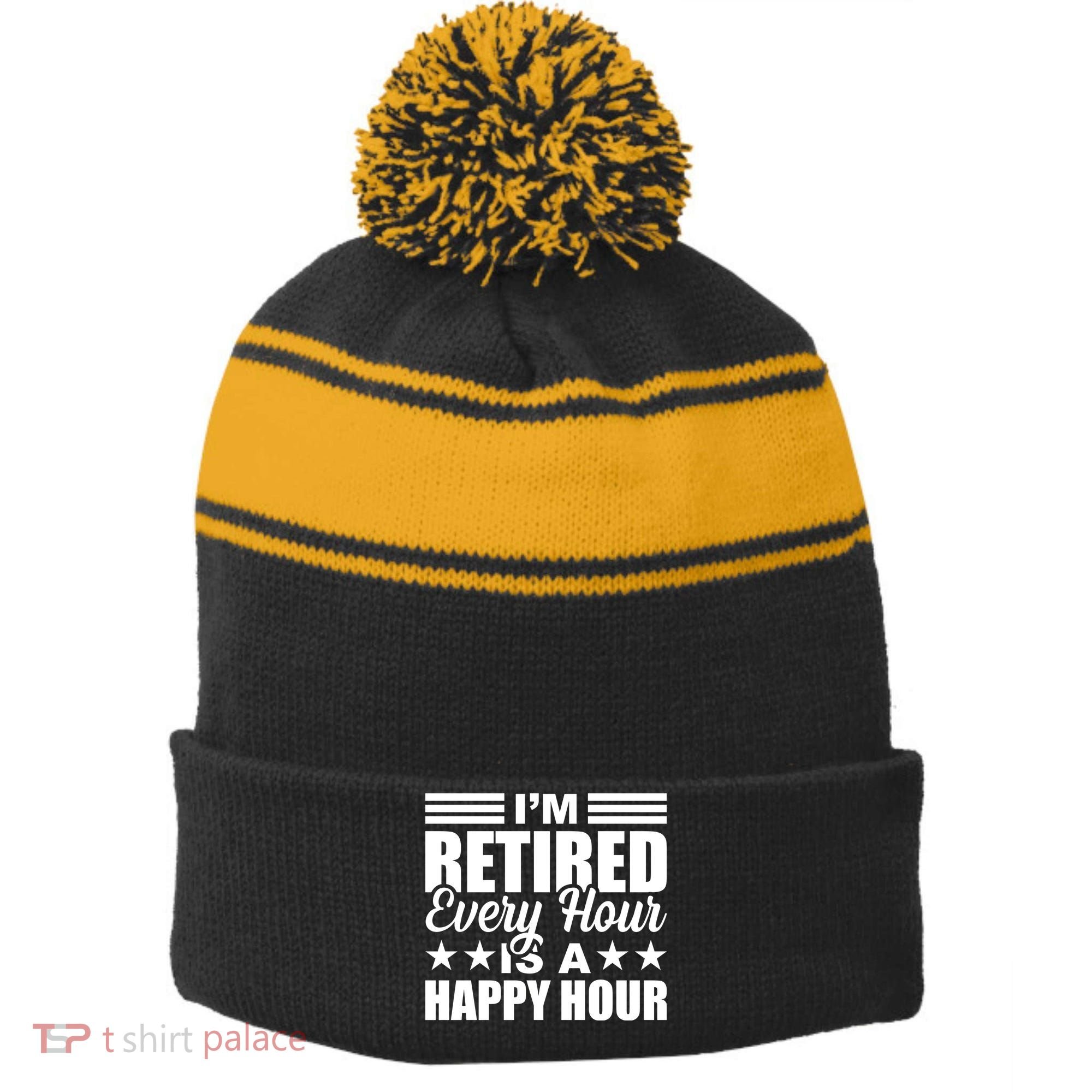 Funny Retired Retirement Stripe Pom Pom Beanie