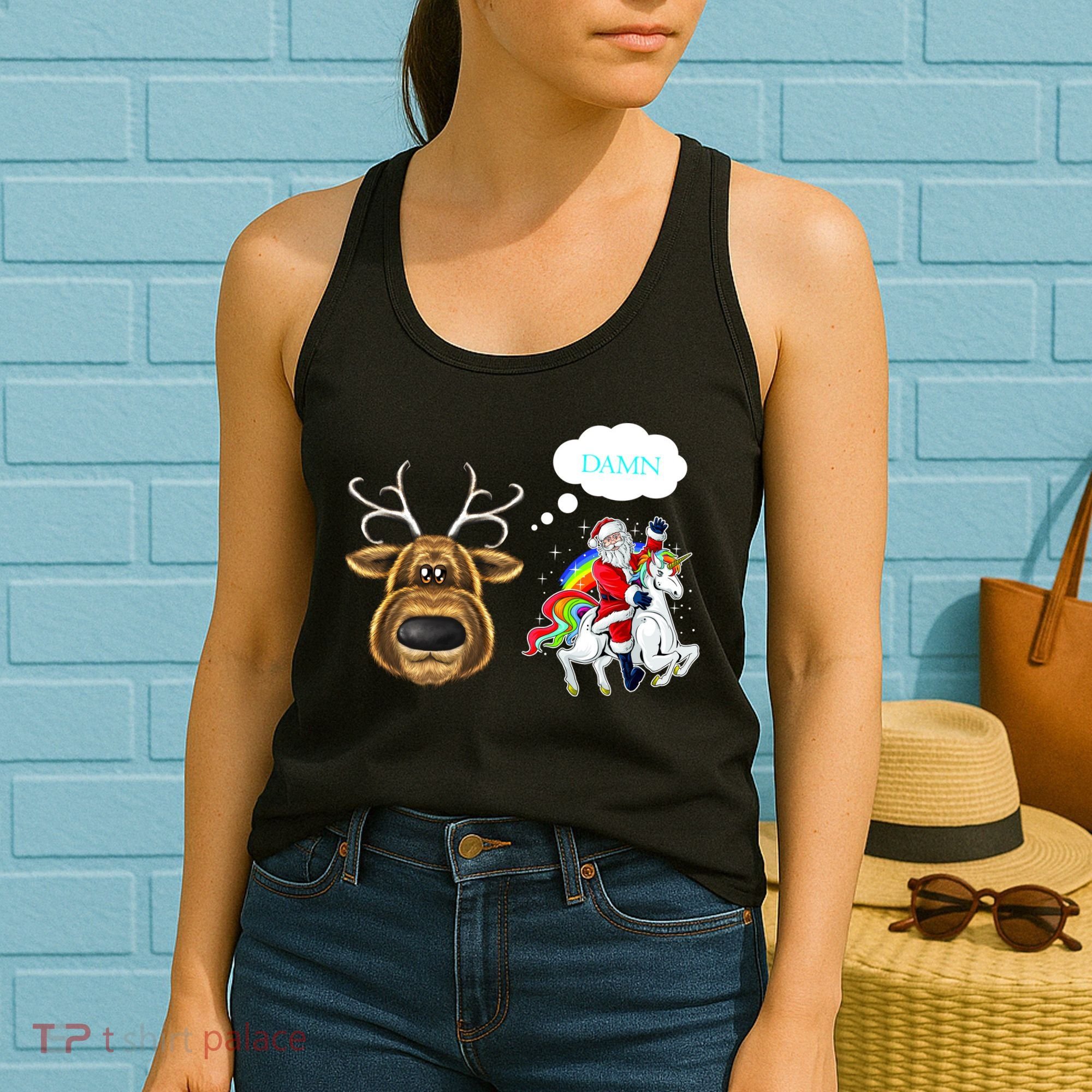 Funny Reindeer Replaced By Unicorn With Santa Claus Women's Tank Top