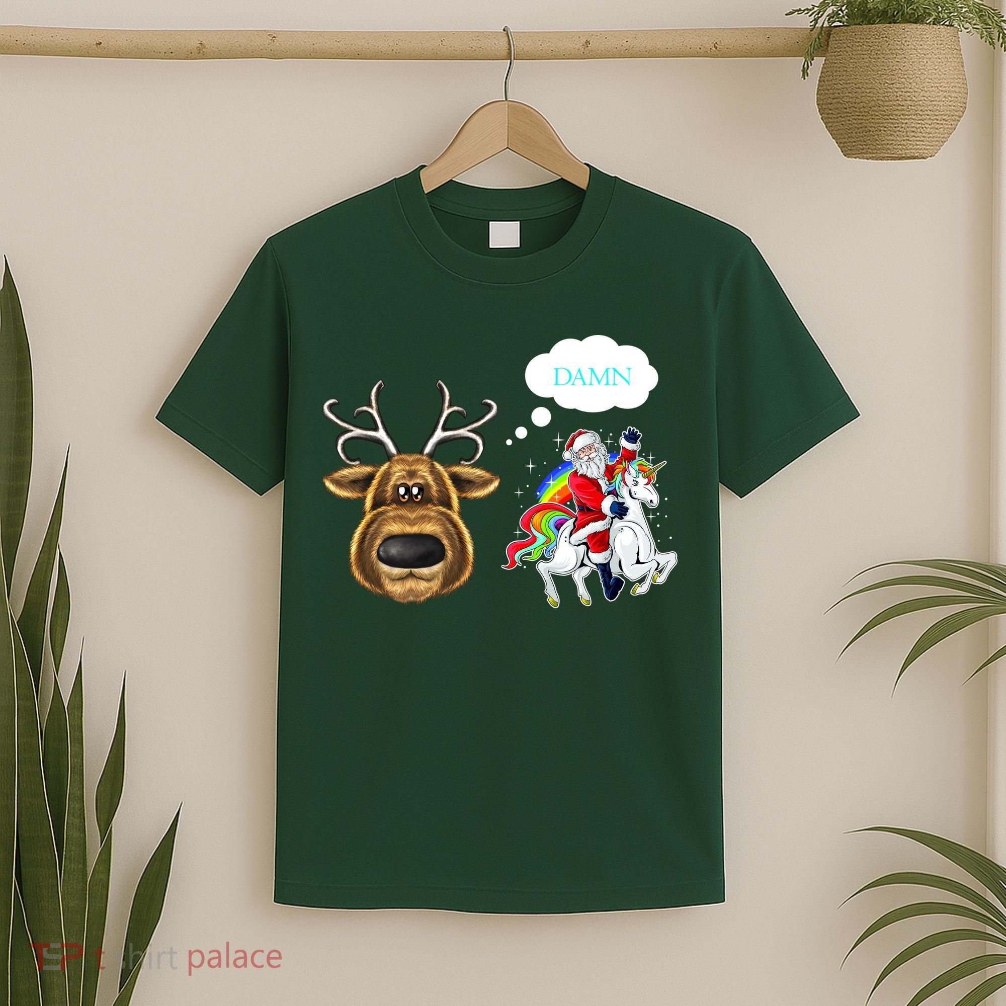 Funny Reindeer Replaced By Unicorn With Santa Claus T-Shirt