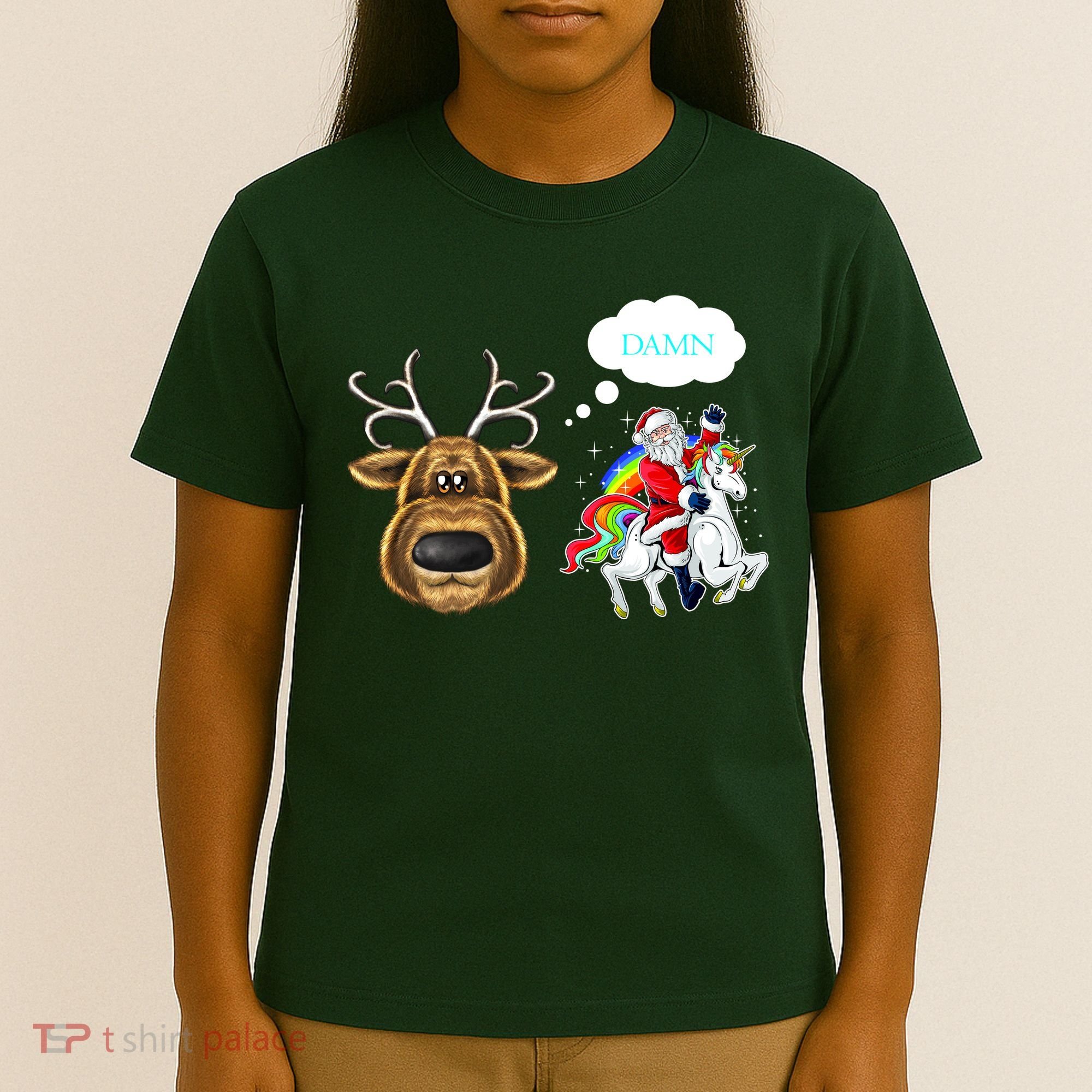 Funny Reindeer Replaced By Unicorn With Santa Claus T-Shirt
