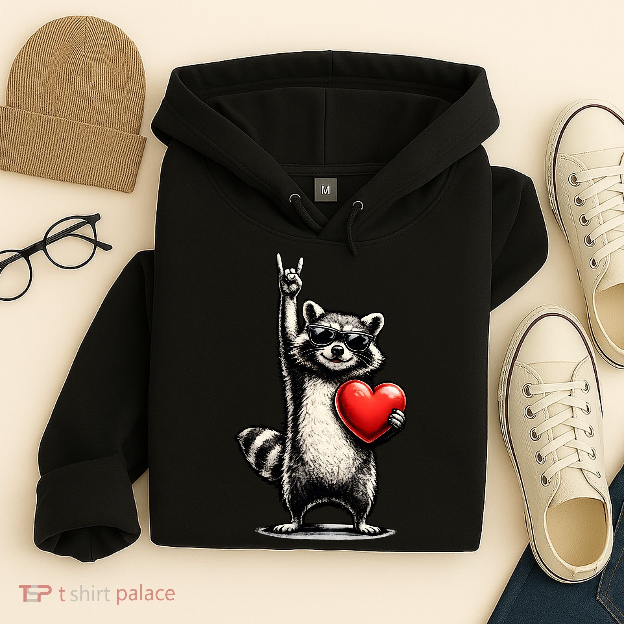 Funny Raccoon Rock On Heart Hoodie