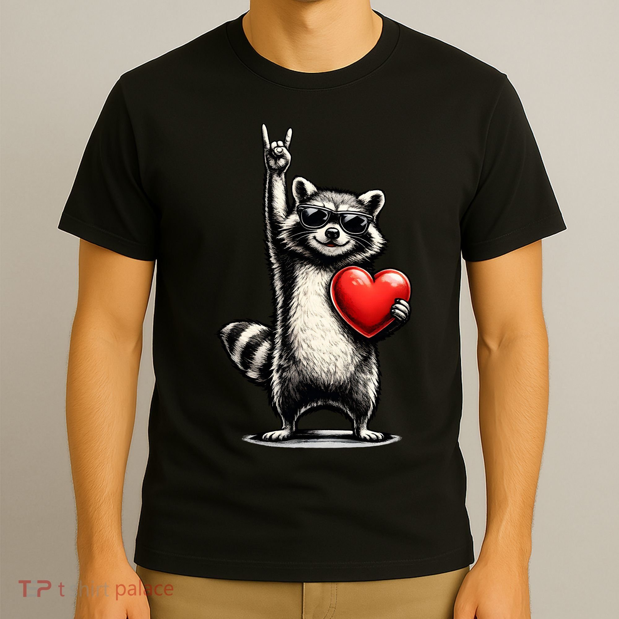 Funny Raccoon Rock On Heart T-Shirt