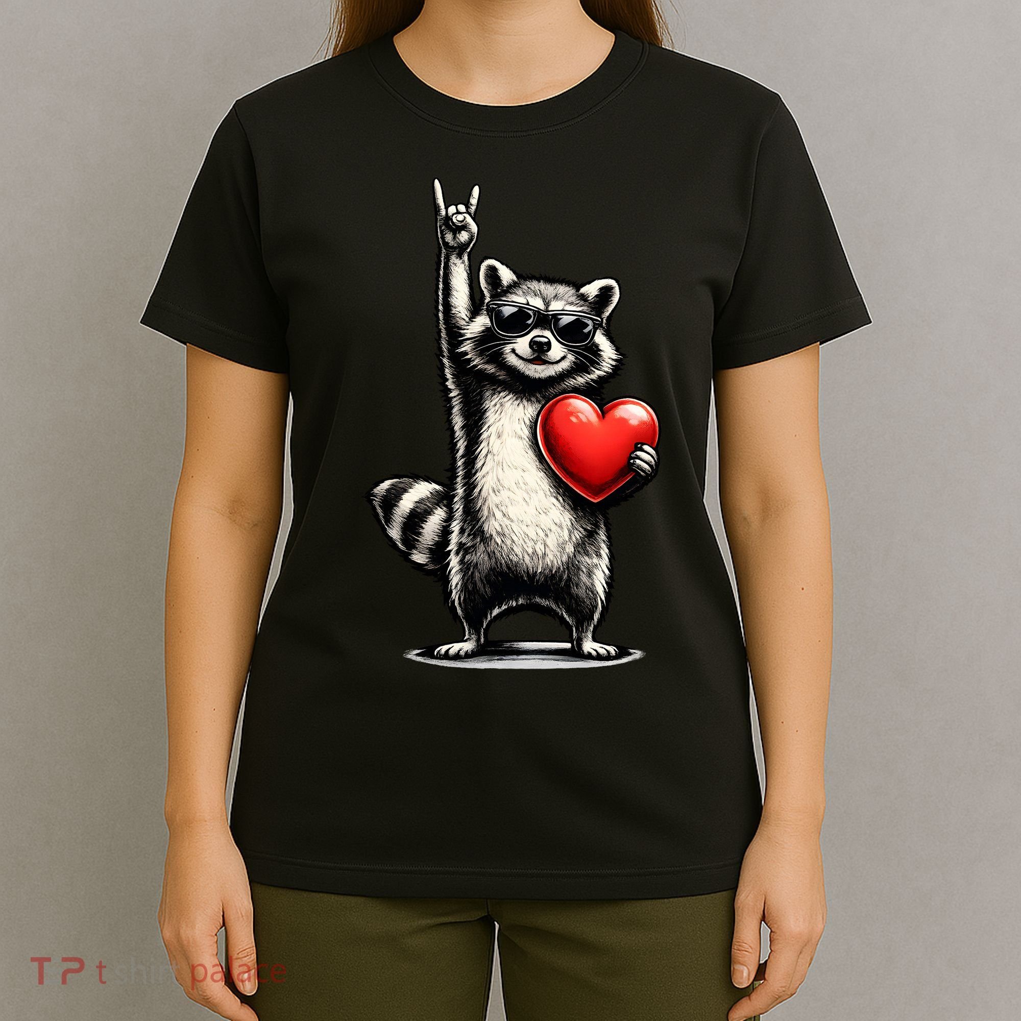 Funny Raccoon Rock On Heart T-Shirt