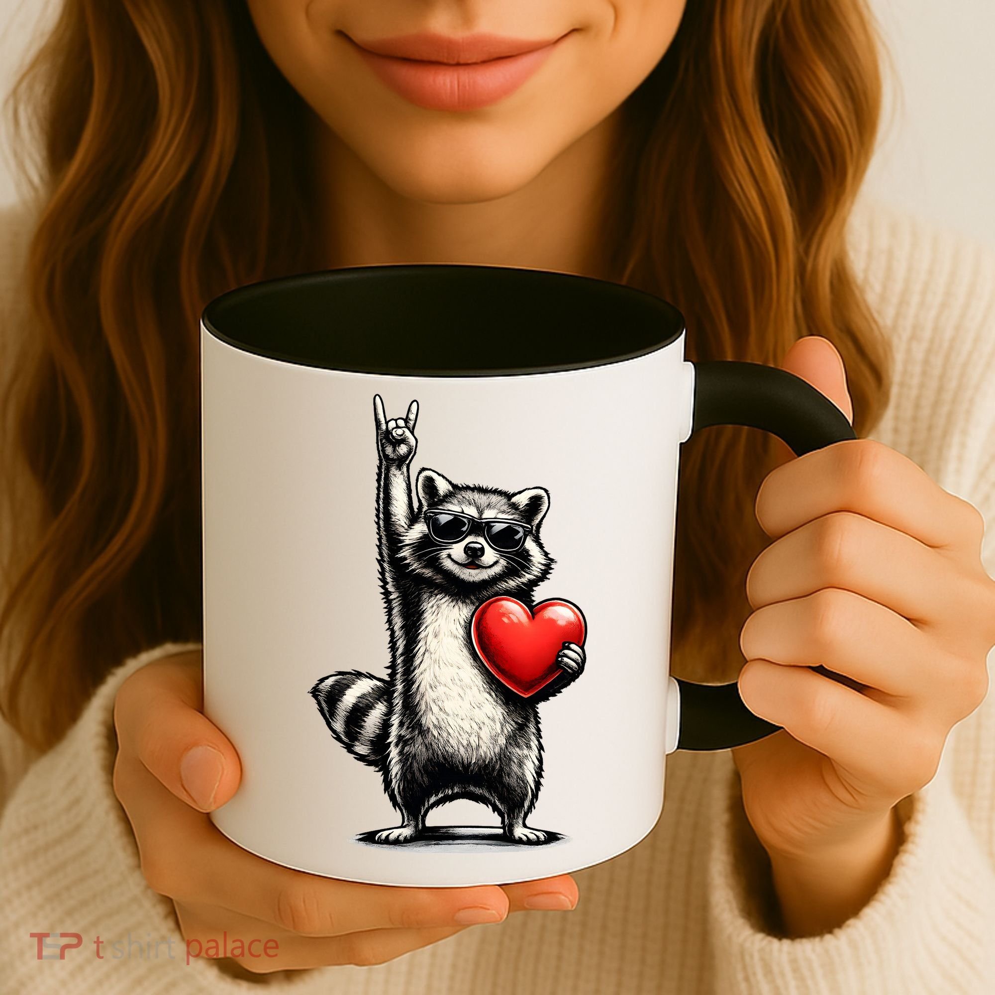 Funny Raccoon Rock On Heart Coffee Mug