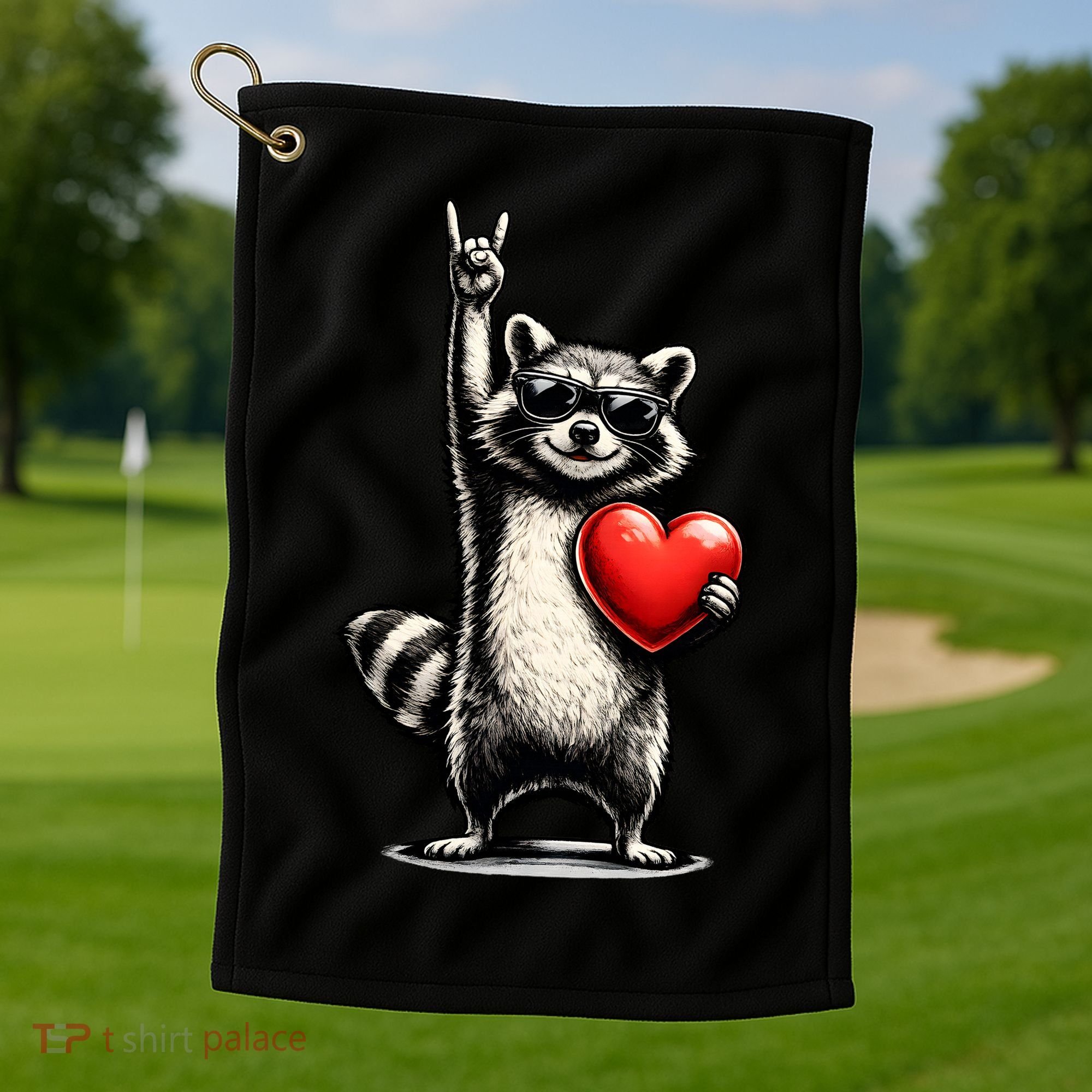 Funny Raccoon Rock On Heart Golf Towel