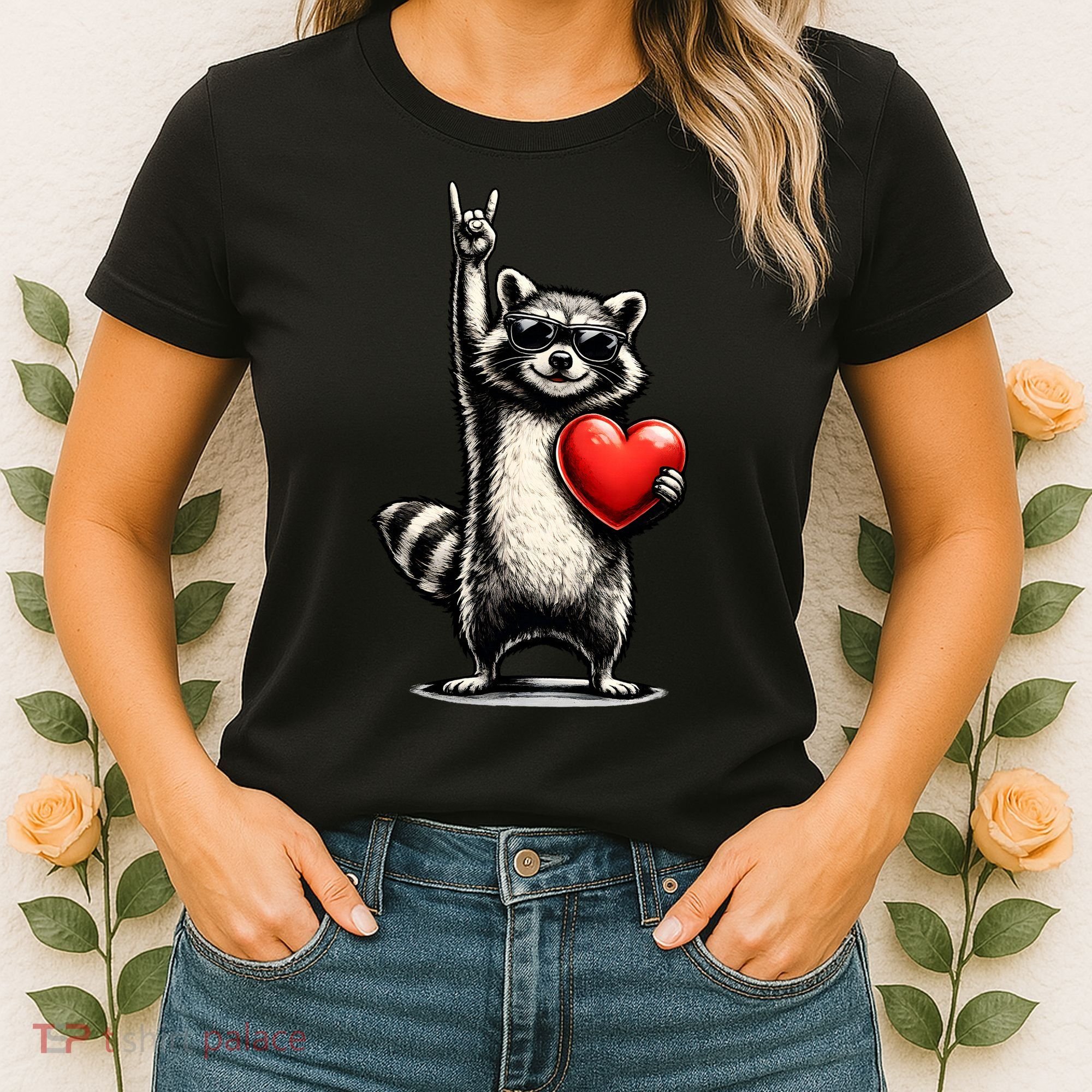 Funny Raccoon Rock On Heart Women's T-Shirt