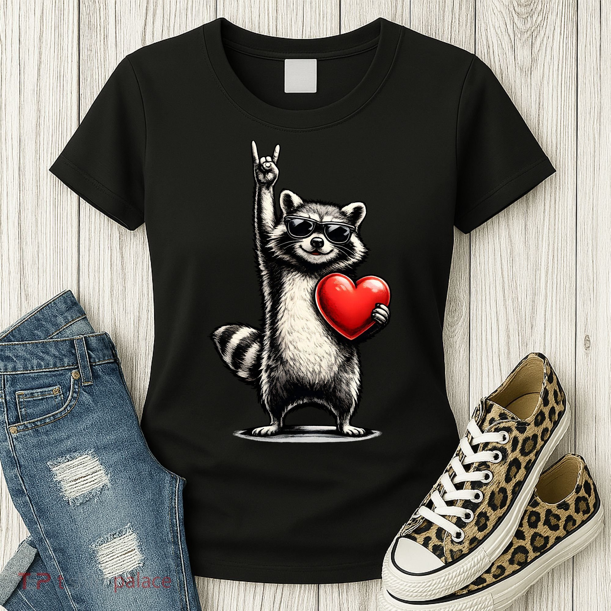 Funny Raccoon Rock On Heart Women's T-Shirt
