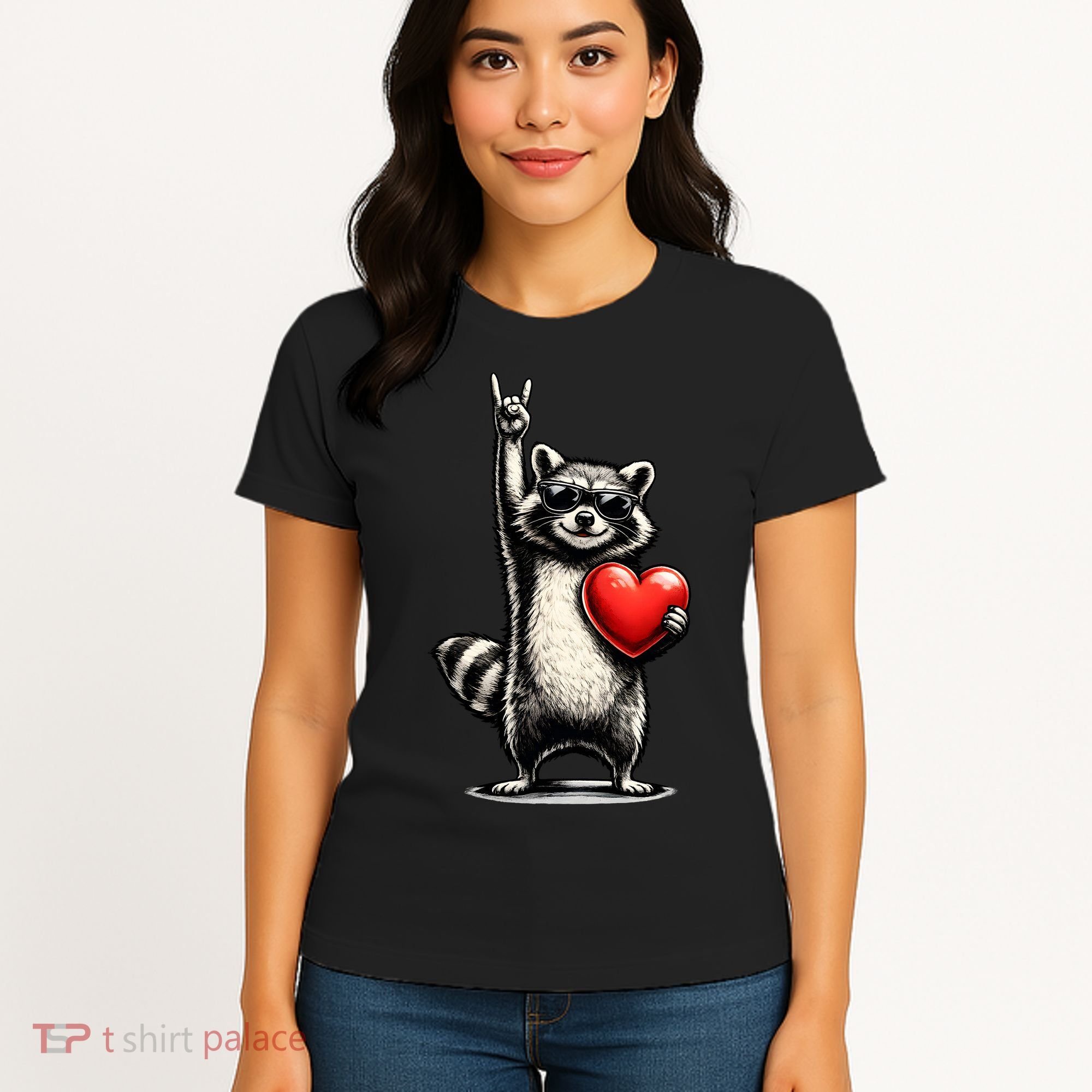 Funny Raccoon Rock On Heart Women's T-Shirt