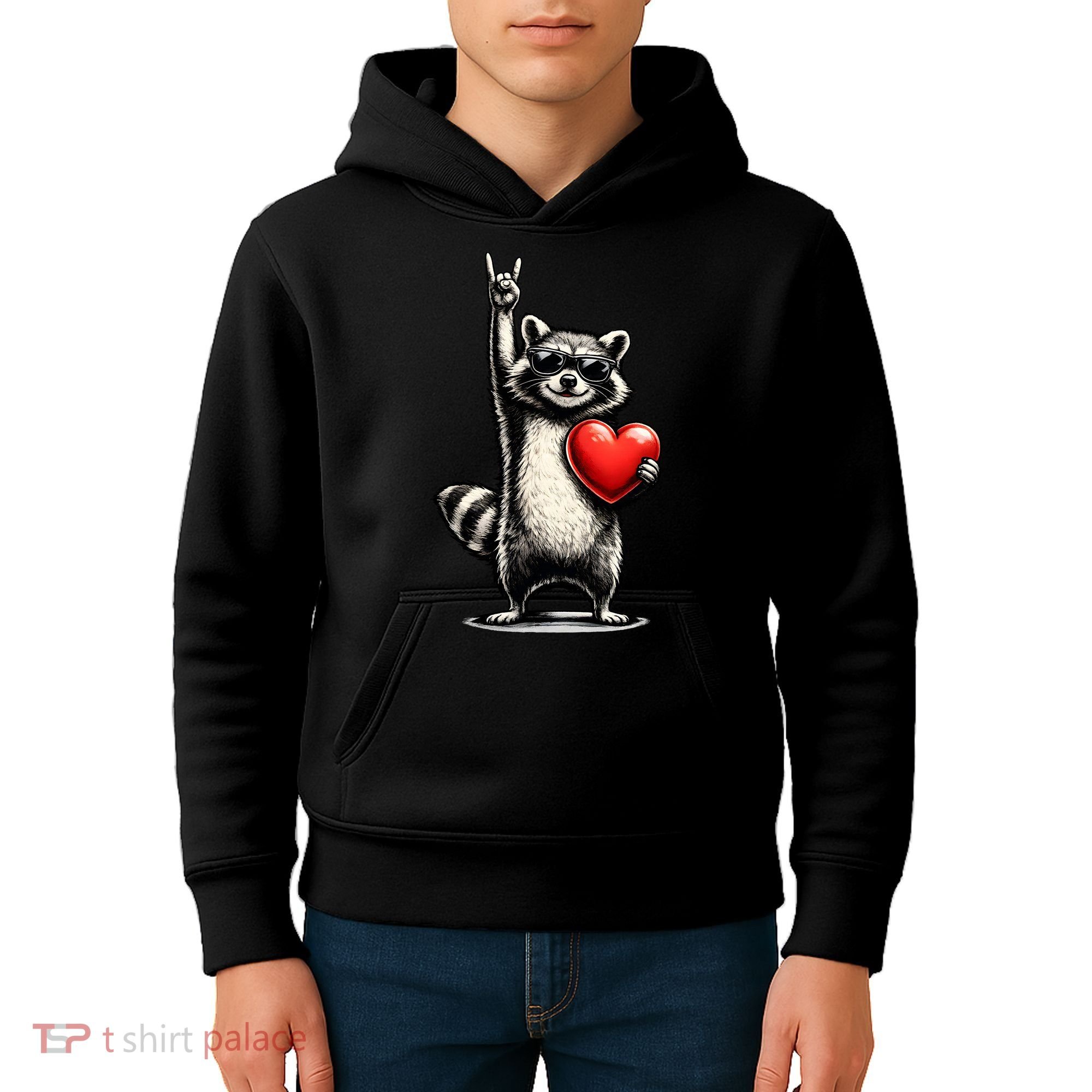 Funny Raccoon Rock On Heart Kids Hoodie
