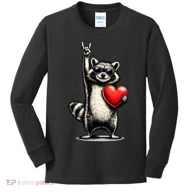 Funny Raccoon Rock On Heart Kids Long Sleeve Shirt