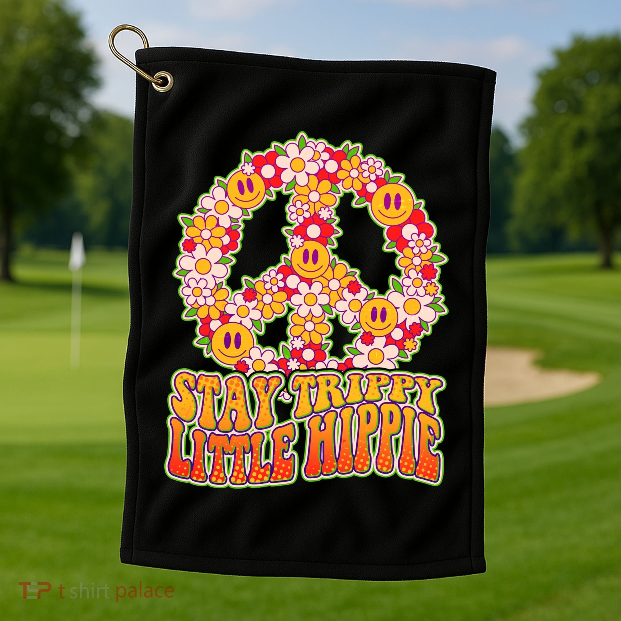 Funny Retro Sixties 60's Stay Trippy Little Hippie Peace Golf Towel