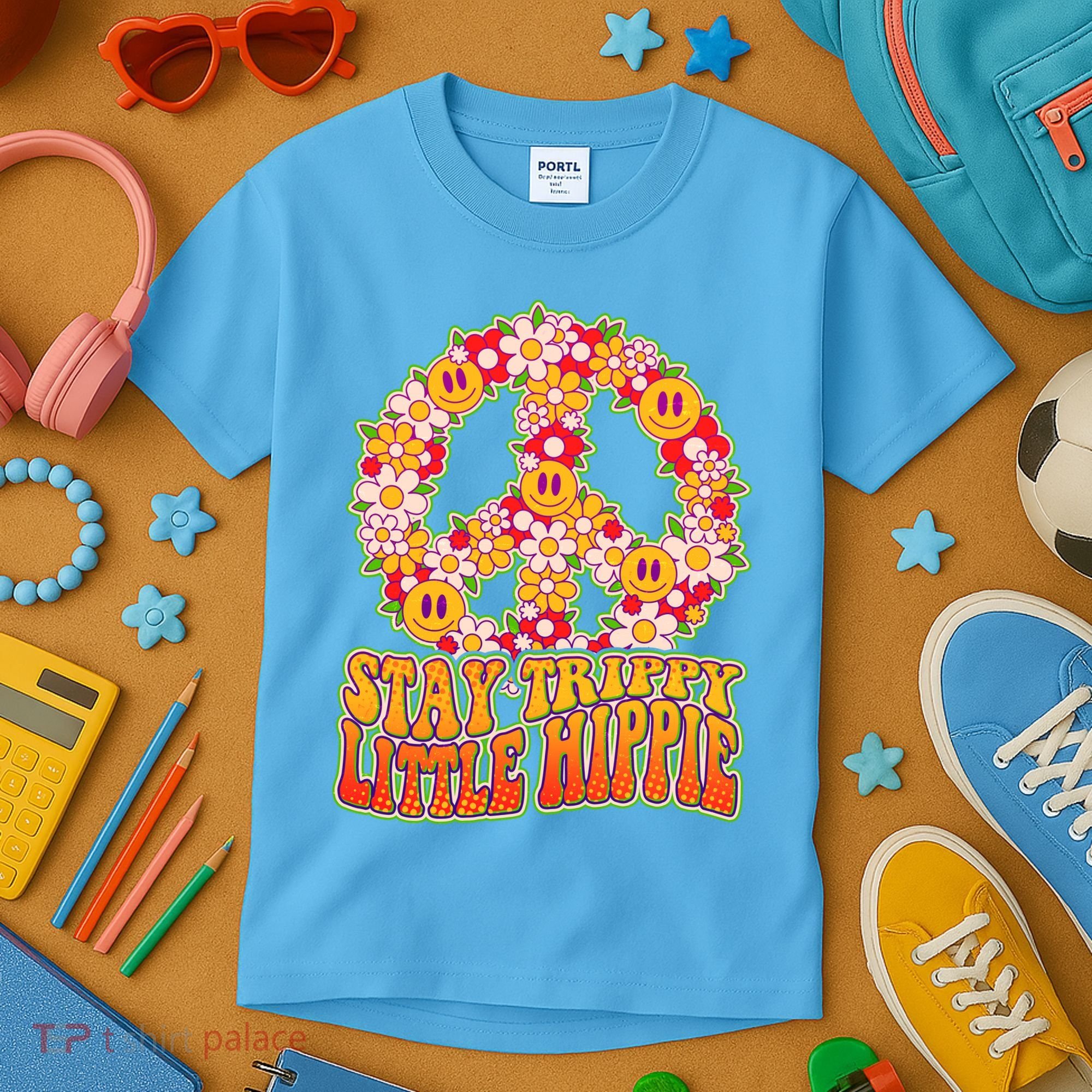 Funny Retro Sixties 60's Stay Trippy Little Hippie Peace Kids T-Shirt