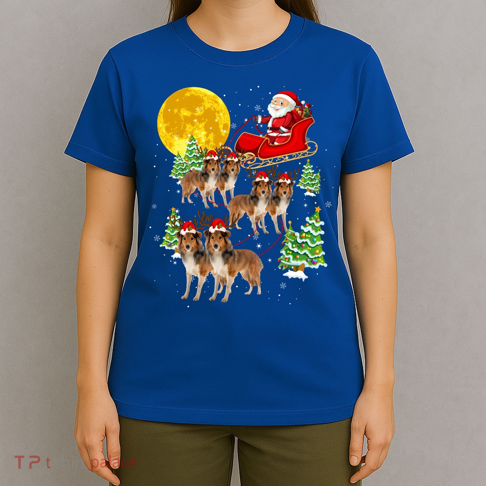 Funny Reindeer Sheltie Dogs With Santa Sleigh Xmas Holiday Funny Gift T-Shirt