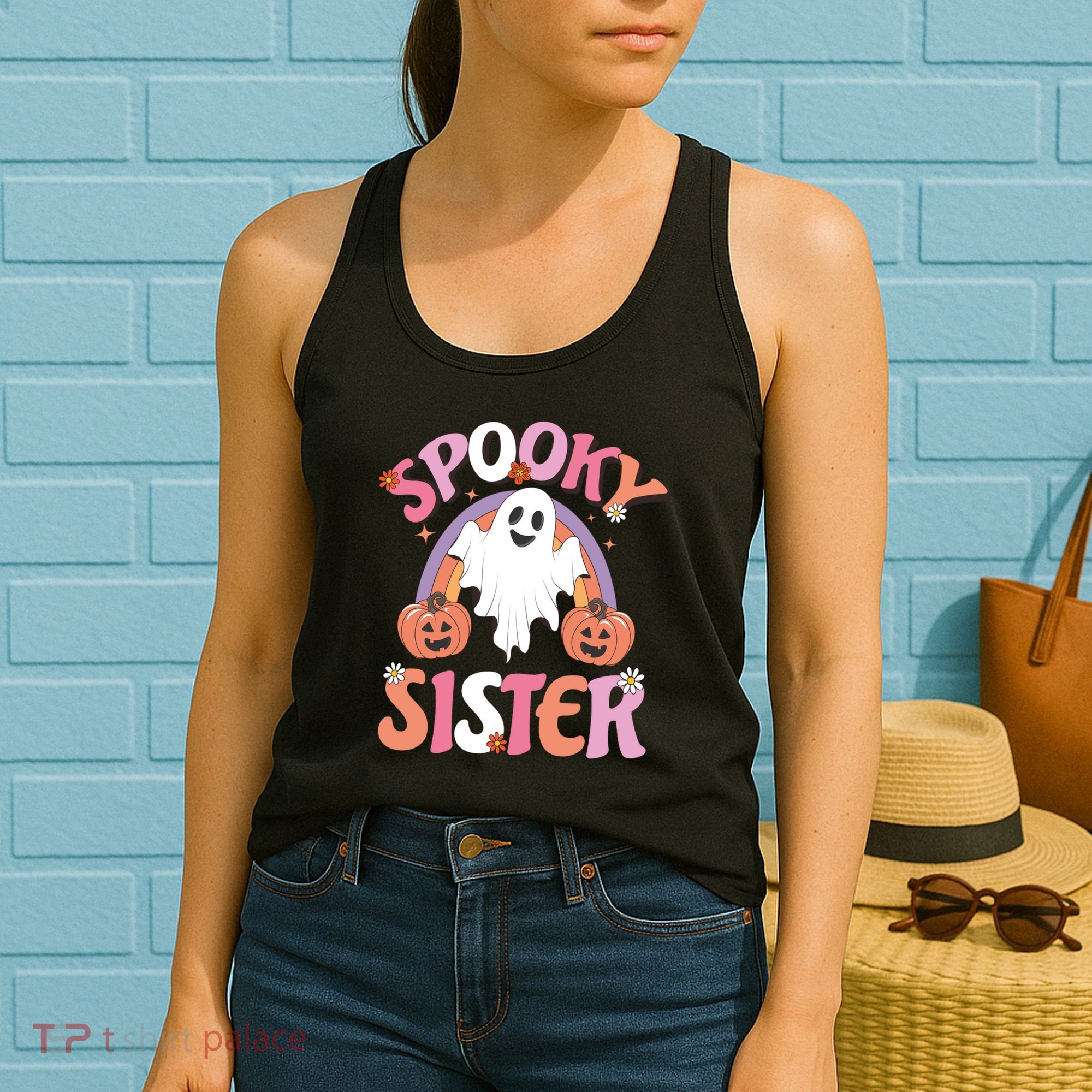 Family Retro Spooky Sister Groovy Retro Halloween Ghost Costume Gift Women's Tank Top