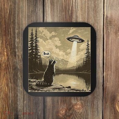 Funny Raccoon Sasquatch Alien UFO Monster Introvert Bruh Coaster