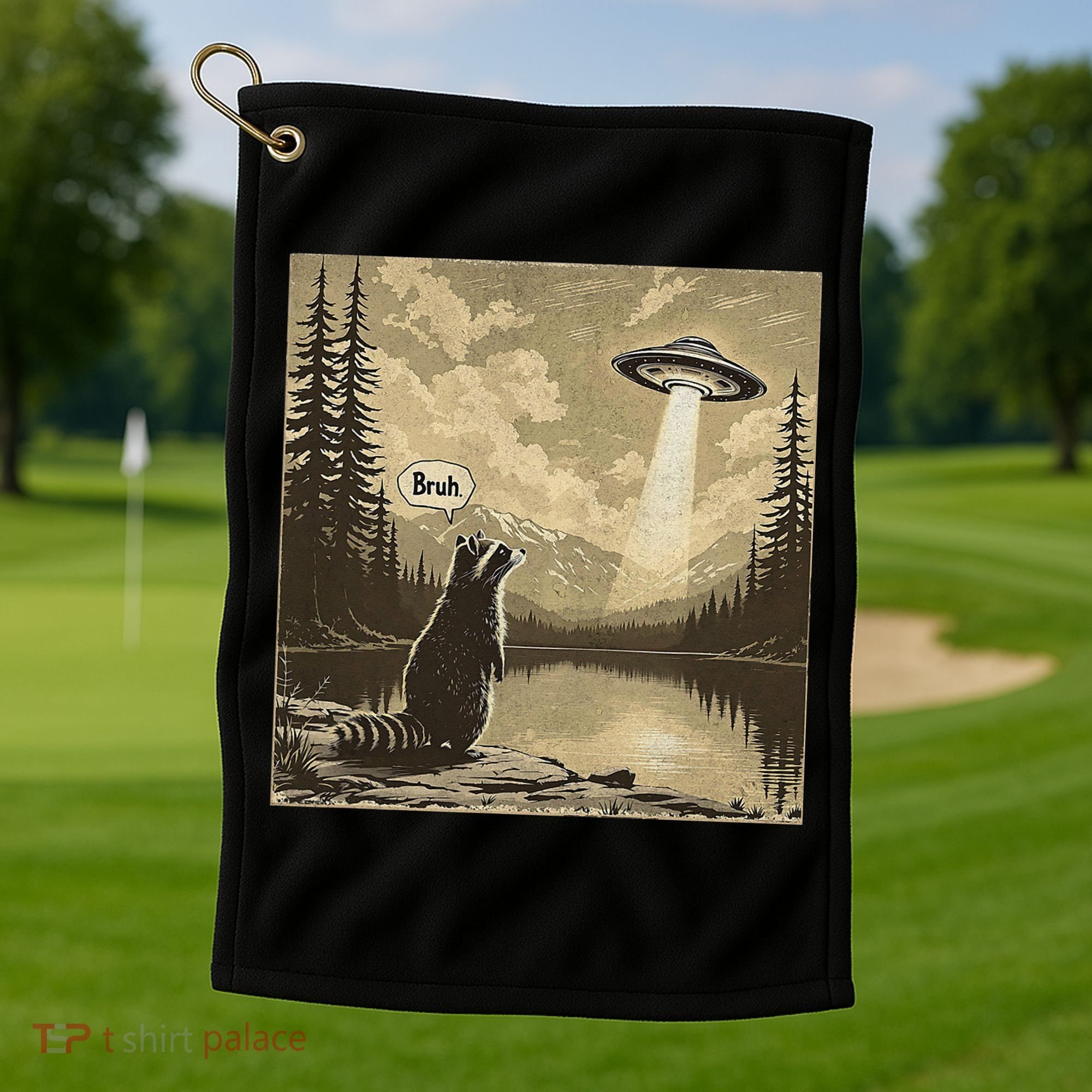 Funny Raccoon Sasquatch Alien UFO Monster Introvert Bruh Golf Towel