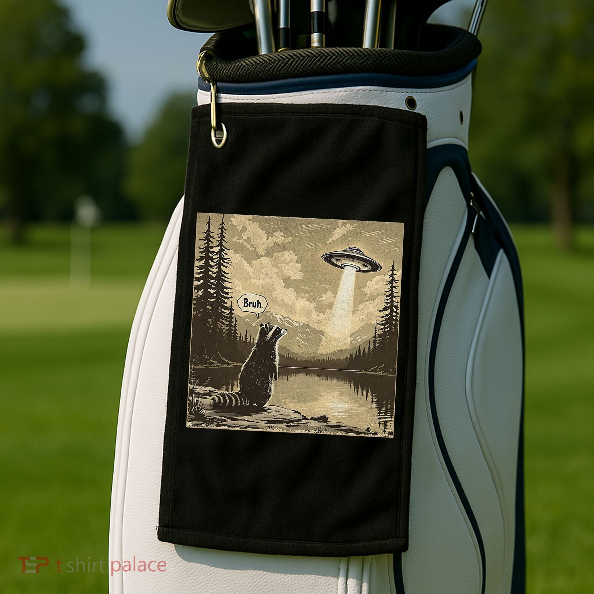 Funny Raccoon Sasquatch Alien UFO Monster Introvert Bruh Golf Towel