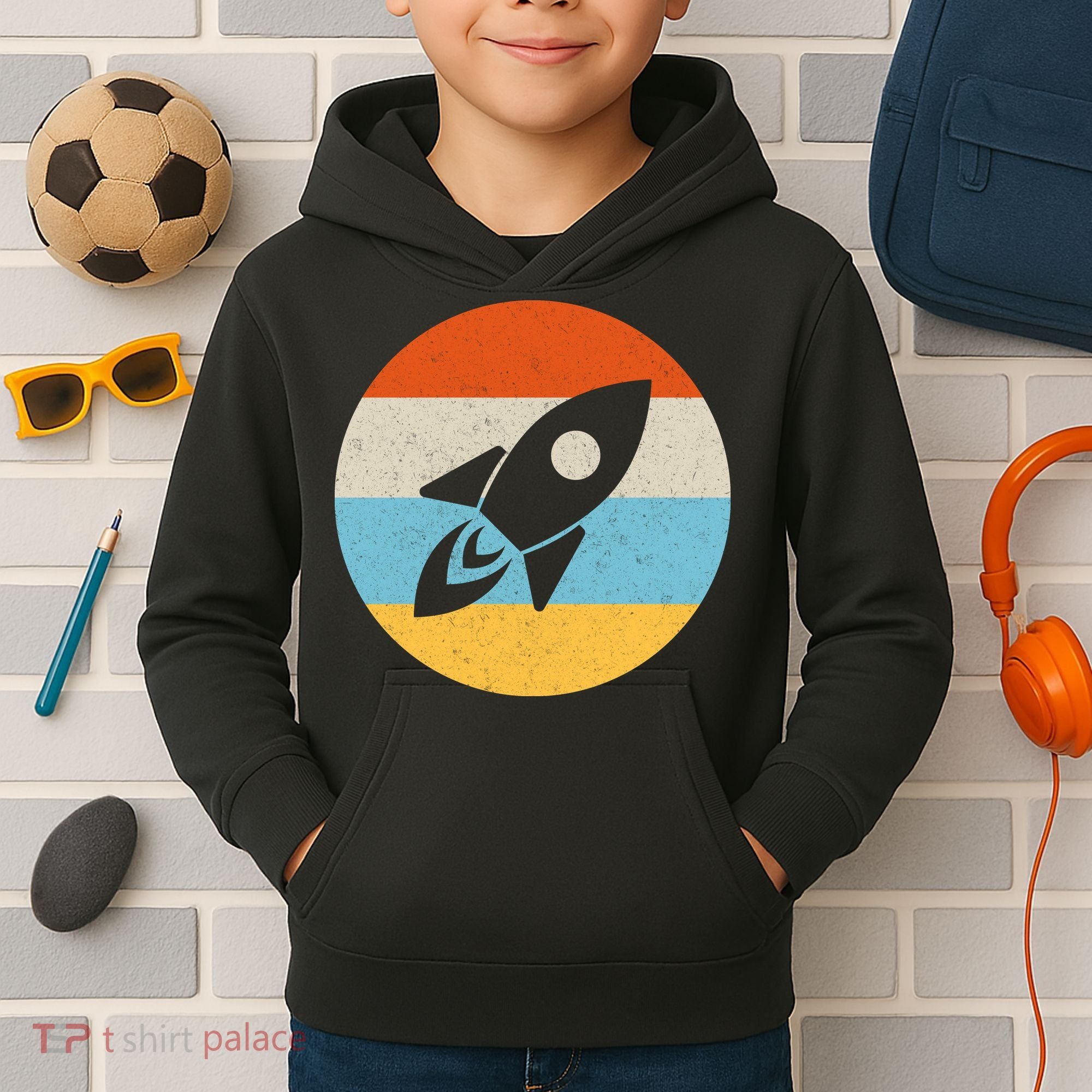 Funny Retro Sunset Spaceship Kids Hoodie