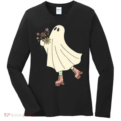 Floral Roller Skating Ghost Women's Long Sleeve Shirt