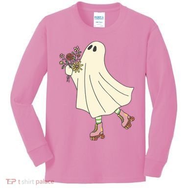 Floral Roller Skating Ghost Kids Long Sleeve Shirt