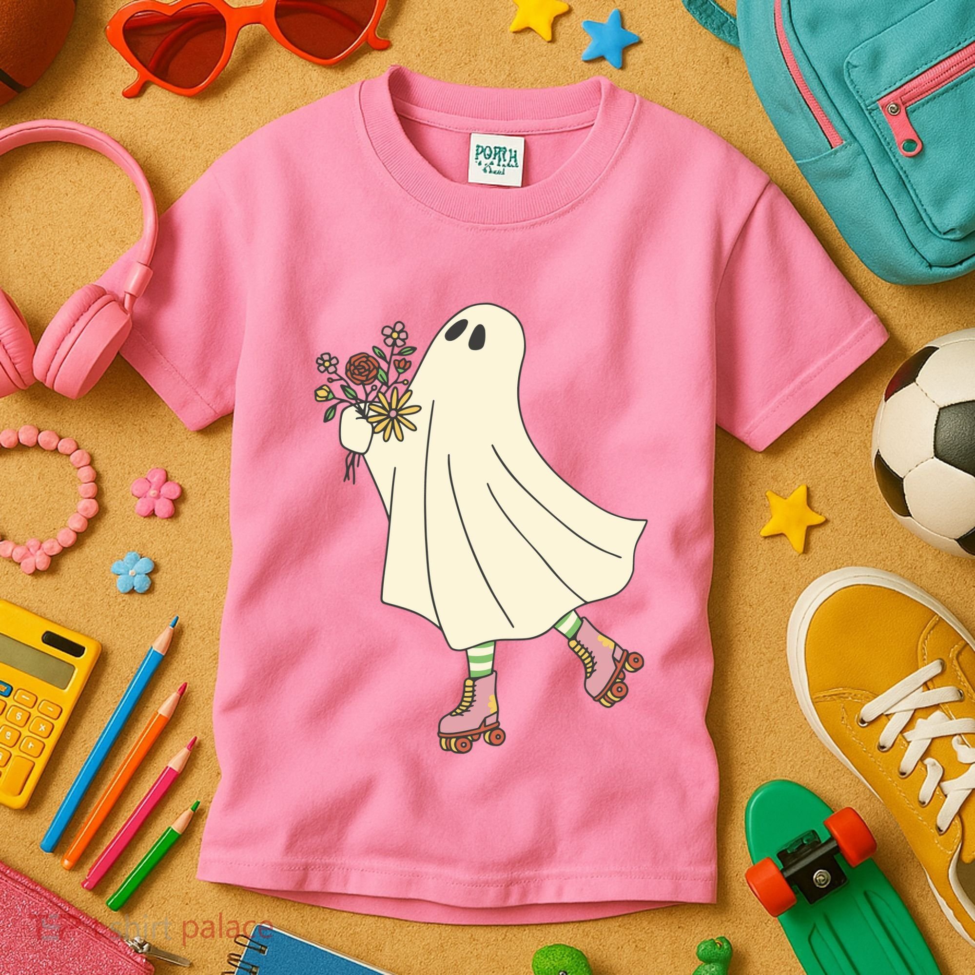 Floral Roller Skating Ghost Kids T-Shirt