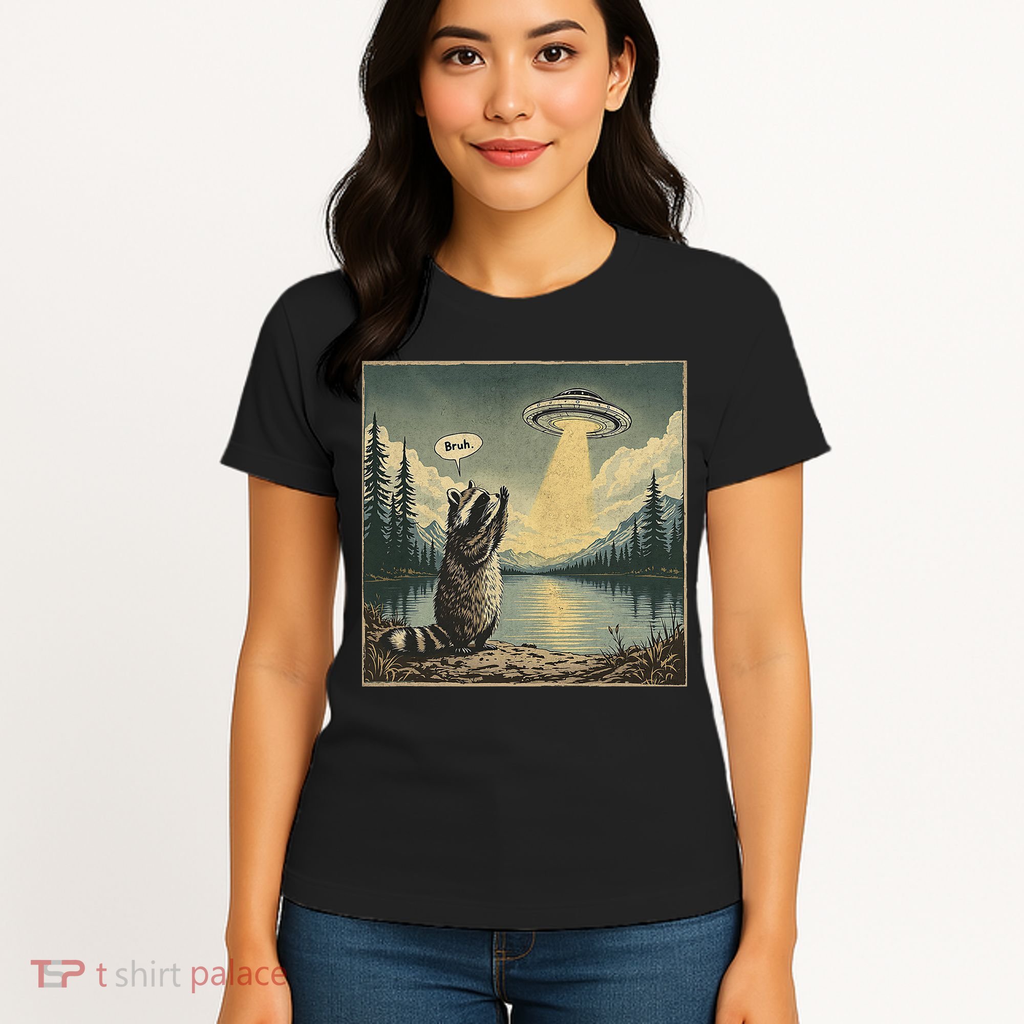 Funny Raccoon Sasquatch Alien UFO Monster Introvert Bruh Women's T-Shirt
