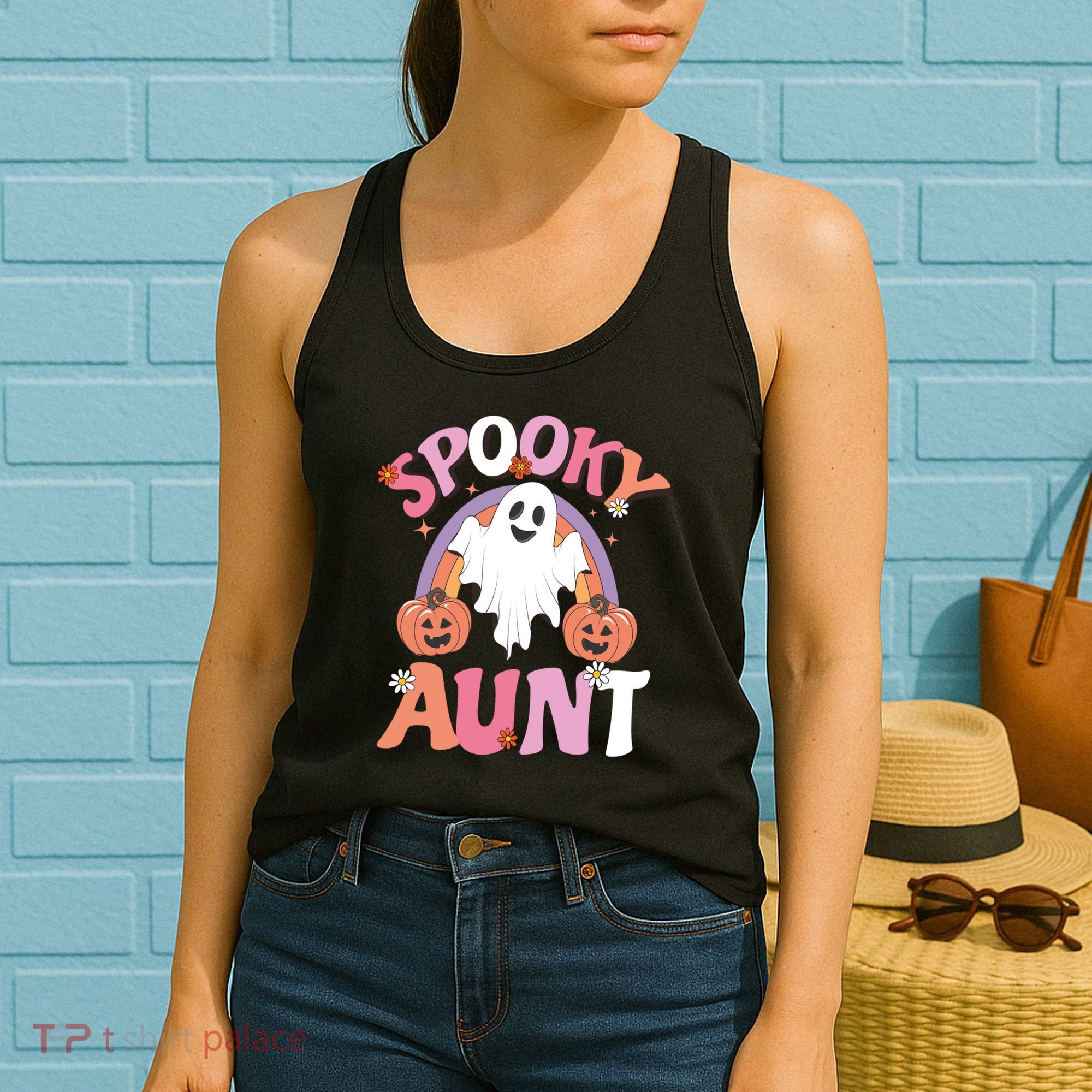Family Retro Spooky Aunt Groovy Retro Halloween Ghost Costume Gift Women's Tank Top