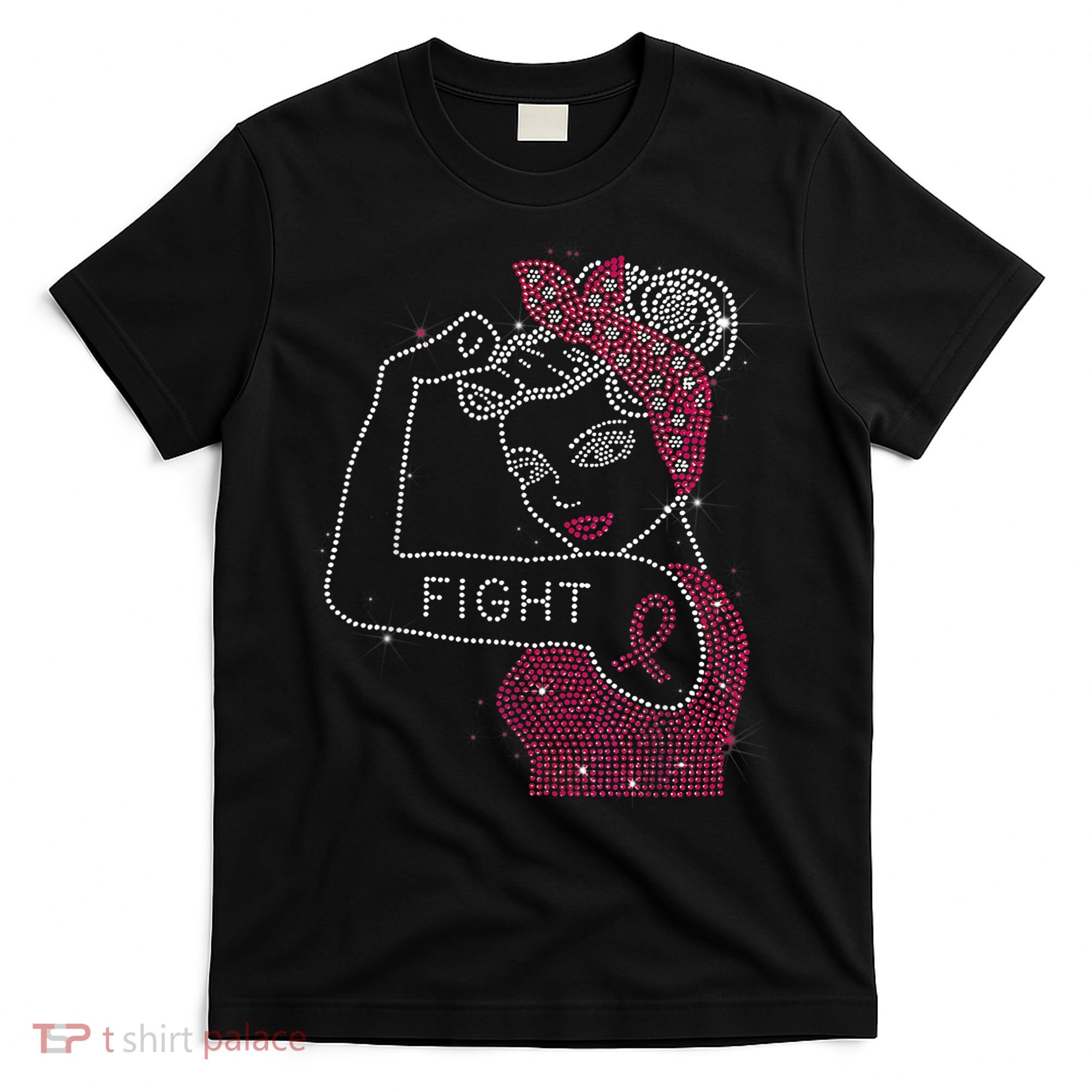 Fight Rosie The Riveter Rhinestone Breast Cancer Awareness T-Shirt