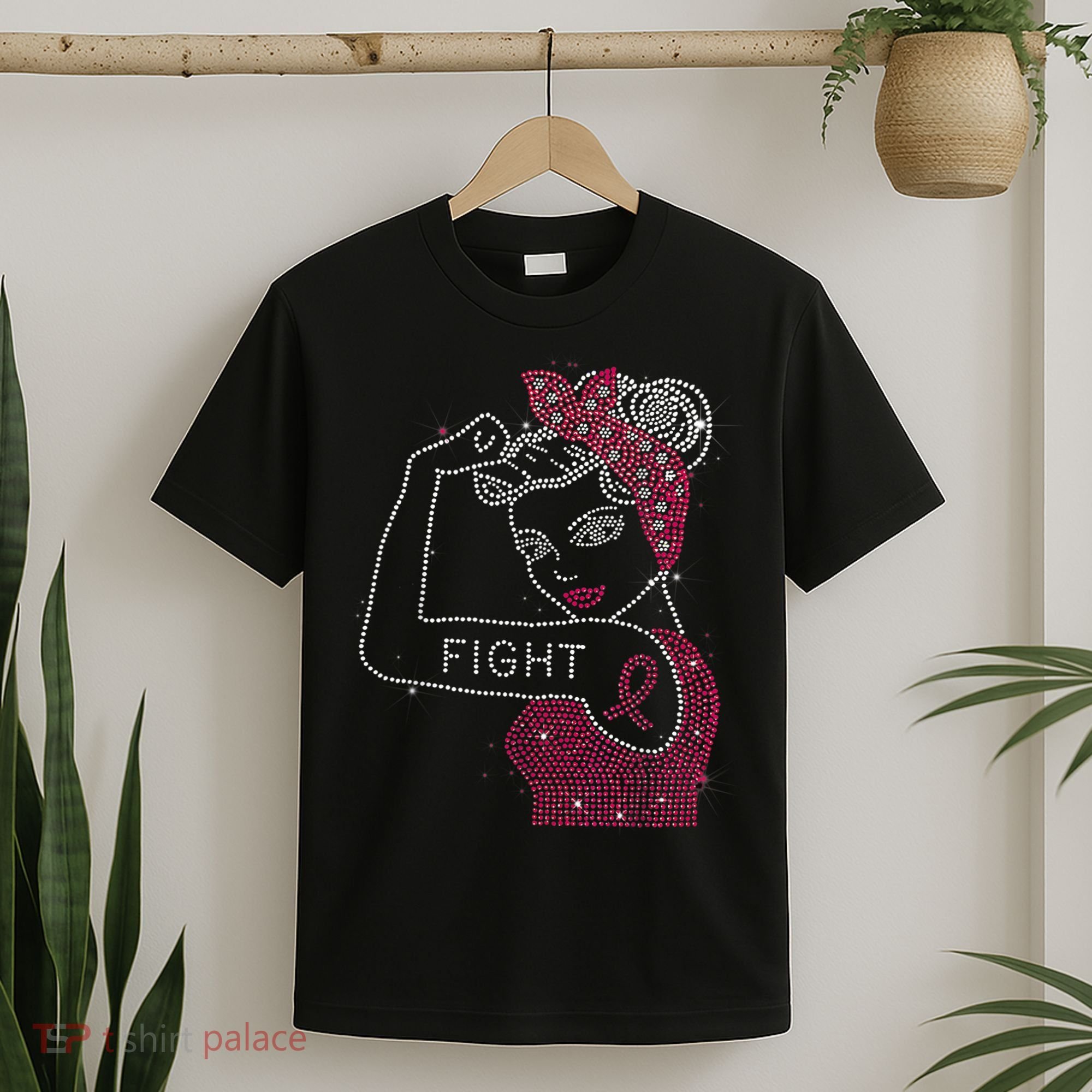 Fight Rosie The Riveter Rhinestone Breast Cancer Awareness T-Shirt