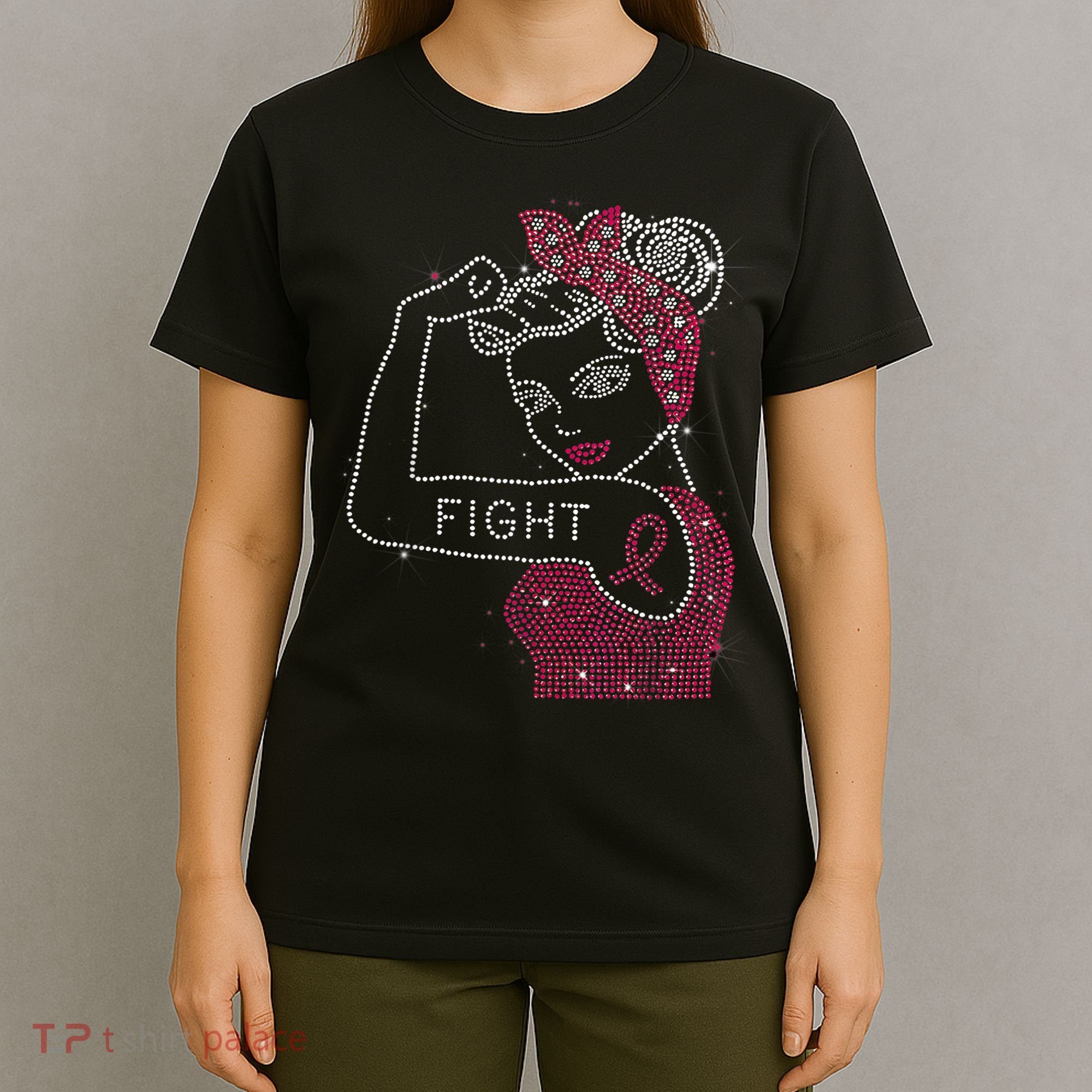 Fight Rosie The Riveter Rhinestone Breast Cancer Awareness T-Shirt