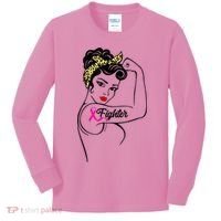 Fighter Rosie The Riveter Breast Cancer Awareness Kids Long Sleeve Shirt thumb 0