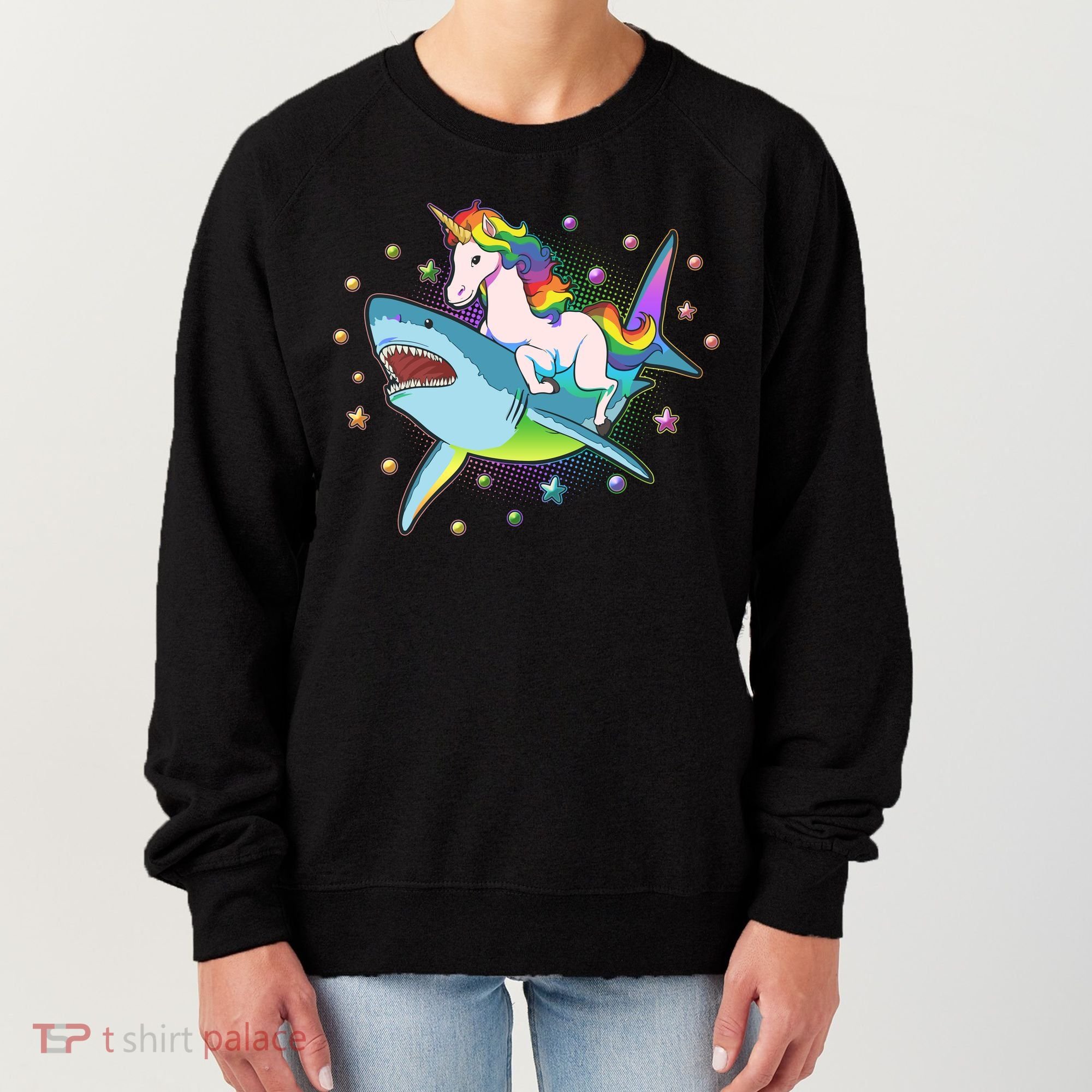 Funny Rainbow Unicorn Riding Shark Women's Sweatshirt