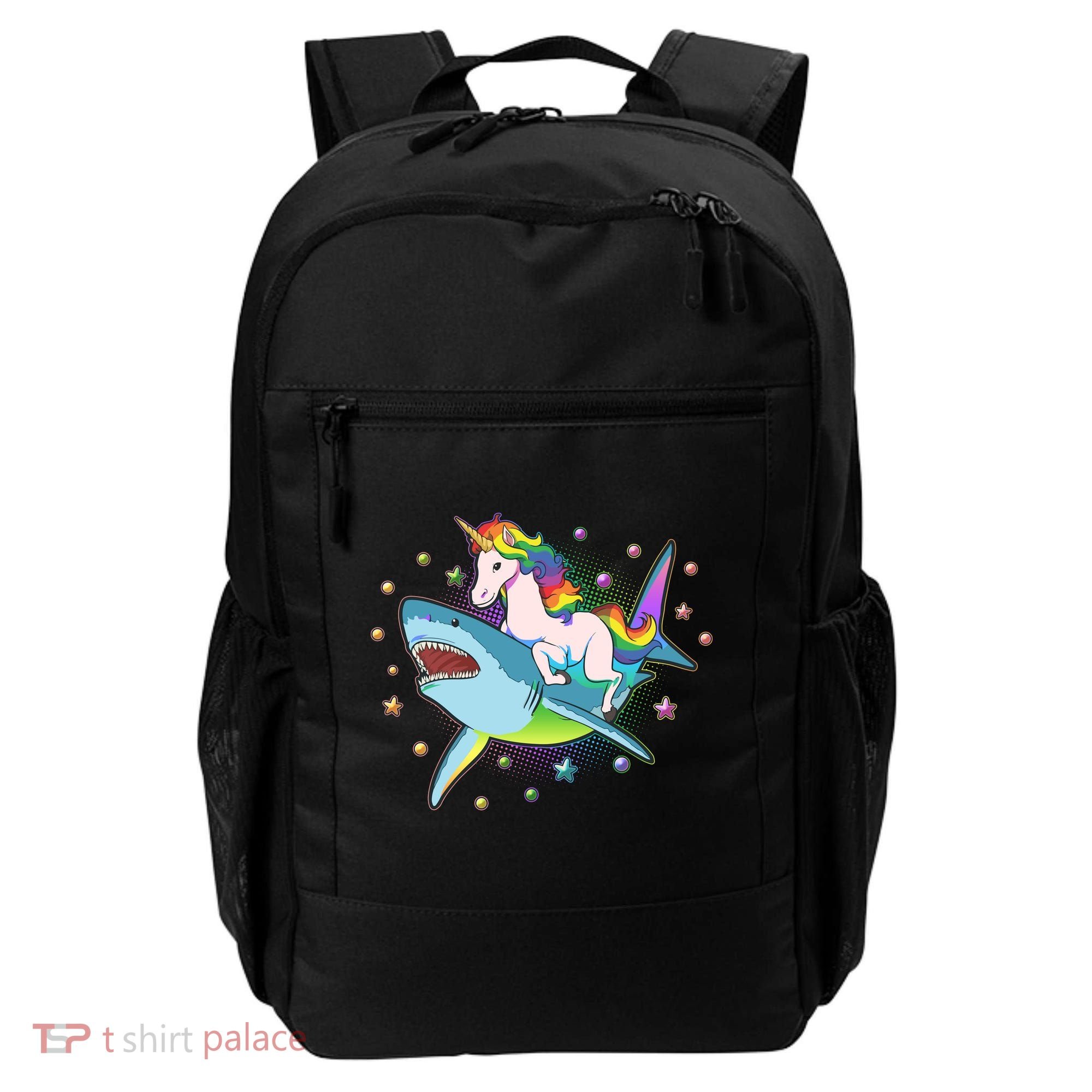 Funny Rainbow Unicorn Riding Shark Backpack