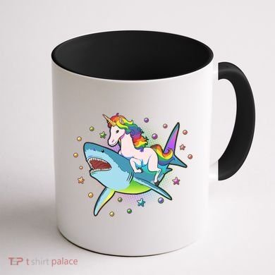Funny Rainbow Unicorn Riding Shark Coffee Mug back