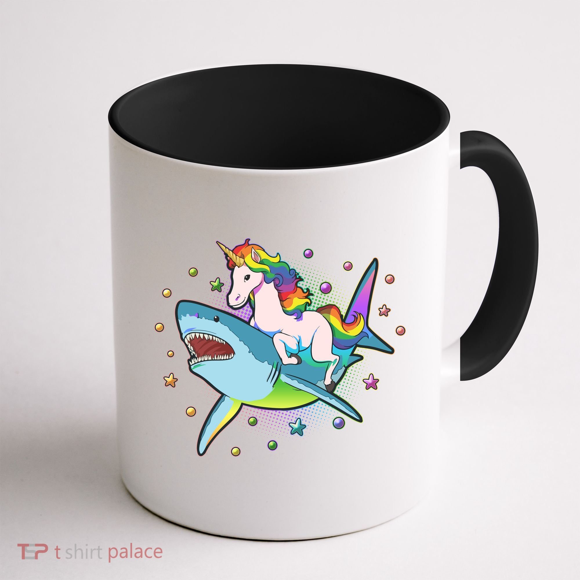 Funny Rainbow Unicorn Riding Shark Coffee Mug