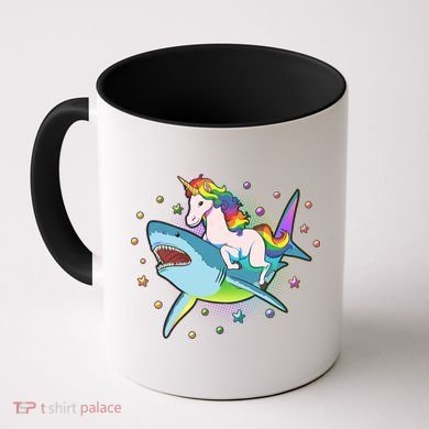 Funny Rainbow Unicorn Riding Shark Coffee Mug
