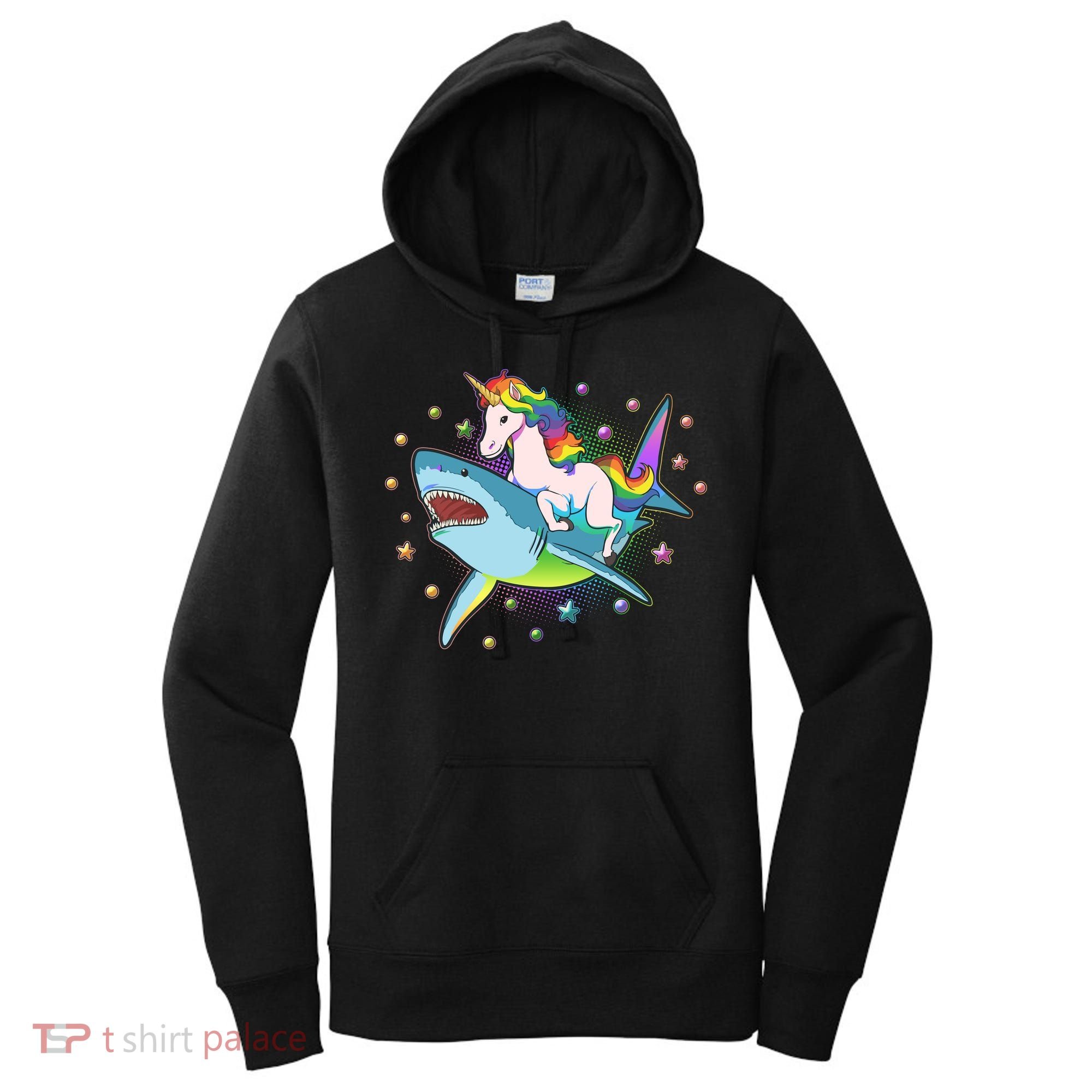 Funny Rainbow Unicorn Riding Shark Women's Hoodie
