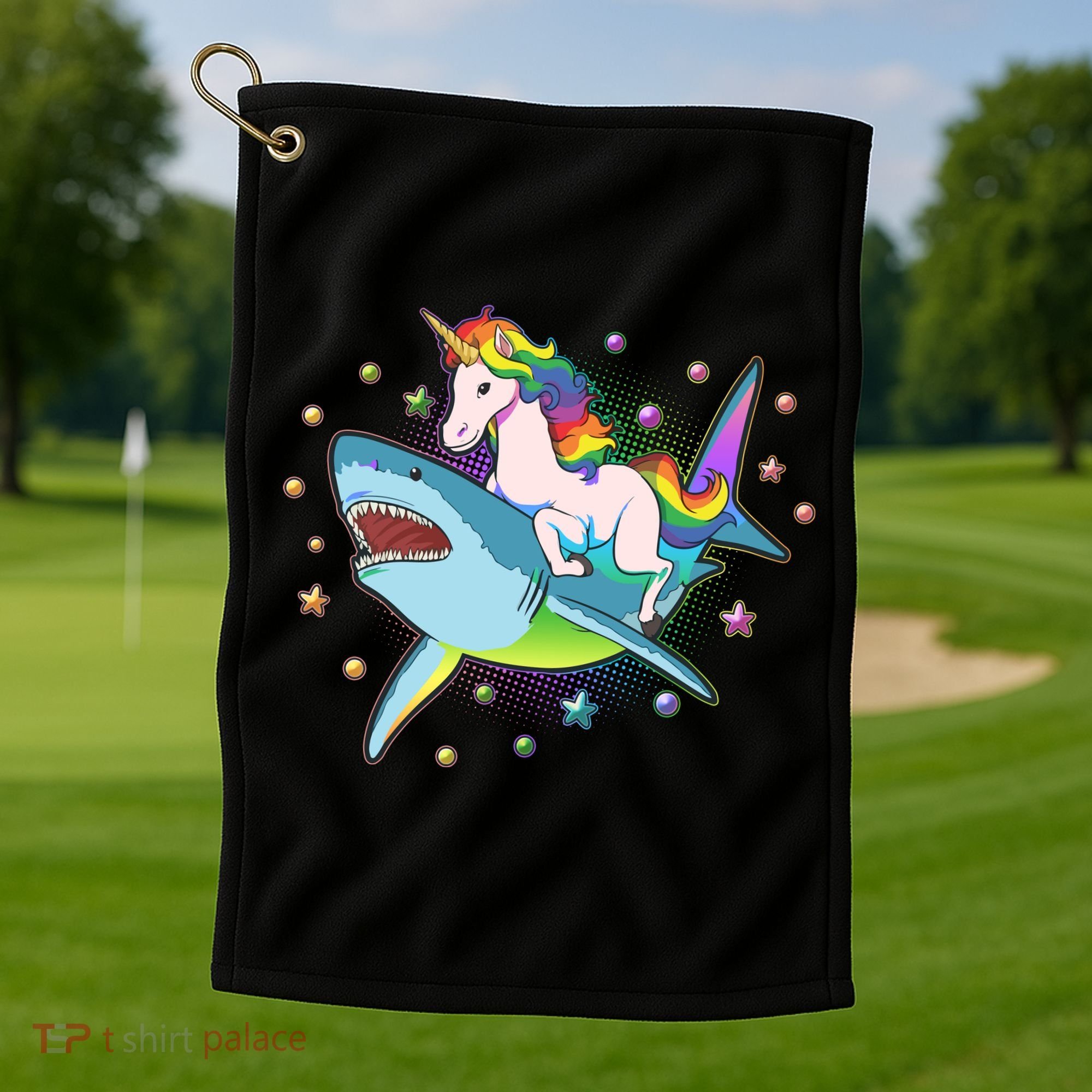 Funny Rainbow Unicorn Riding Shark Golf Towel