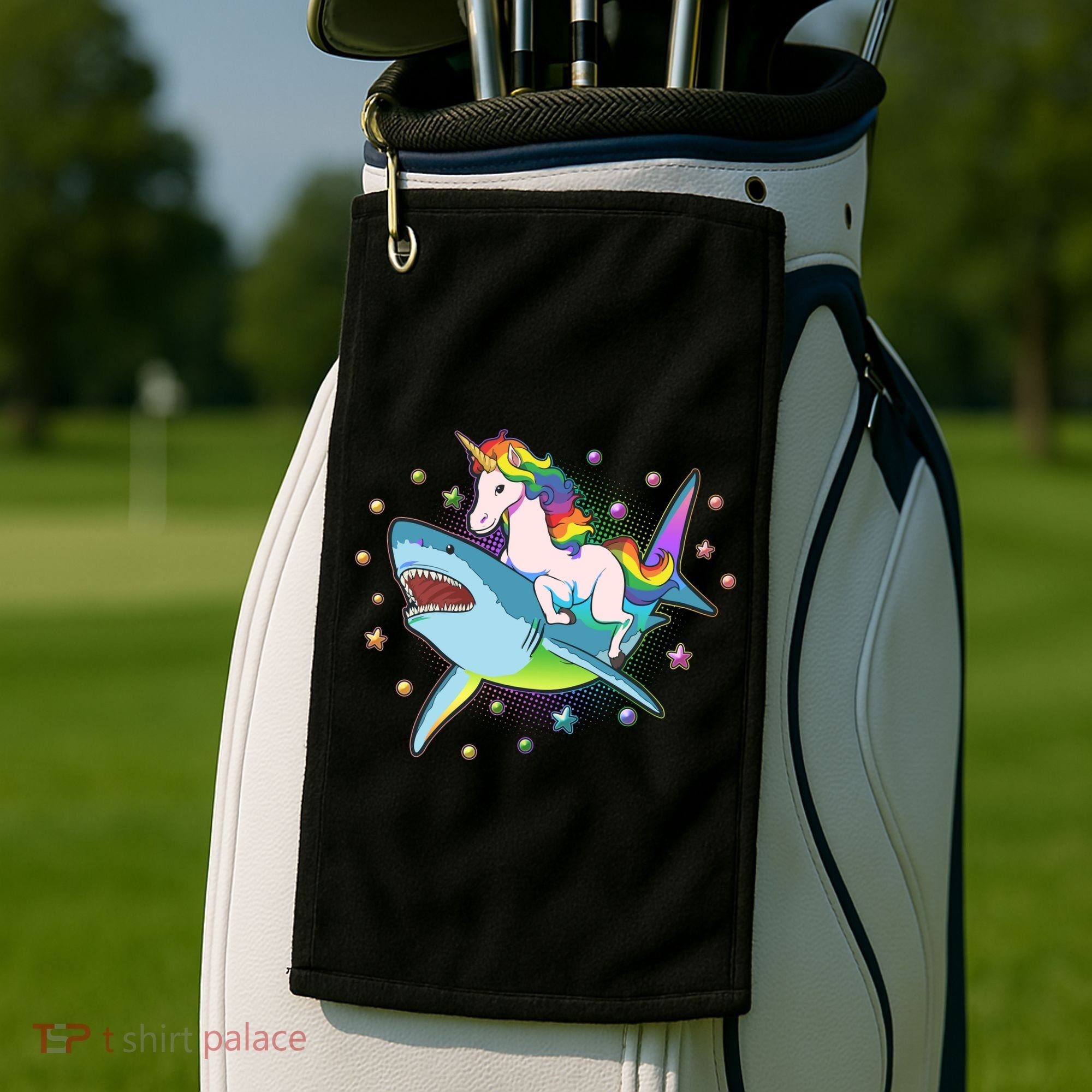 Funny Rainbow Unicorn Riding Shark Golf Towel