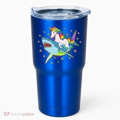 Funny Rainbow Unicorn Riding Shark Tumbler