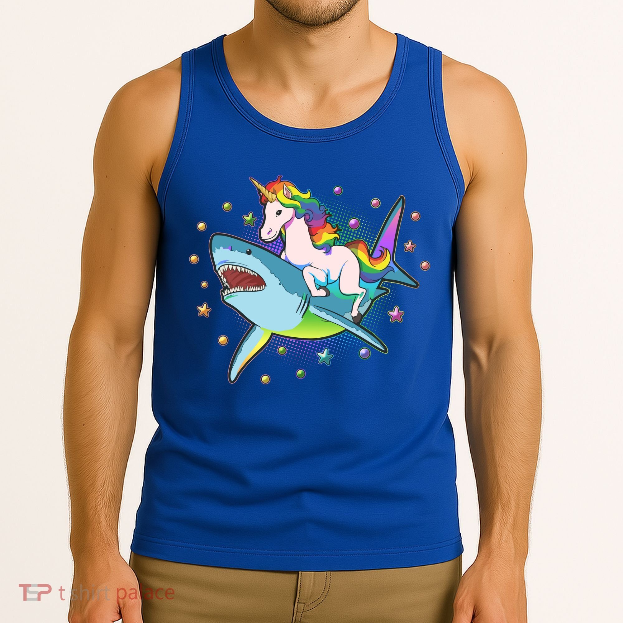 Funny Rainbow Unicorn Riding Shark Tank Top