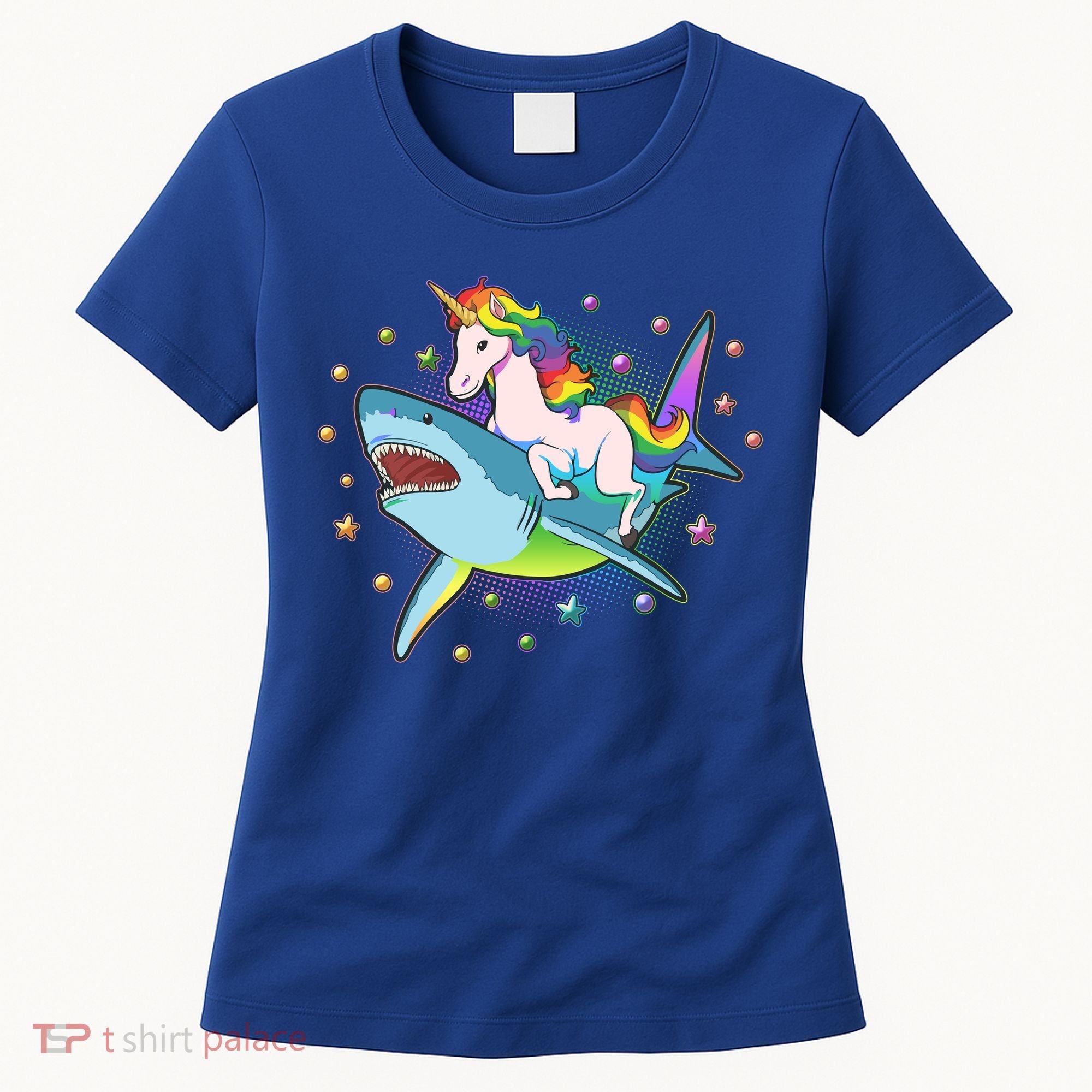 Funny Rainbow Unicorn Riding Shark Women's T-Shirt