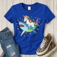 Funny Rainbow Unicorn Riding Shark Women's T-Shirt thumb 3