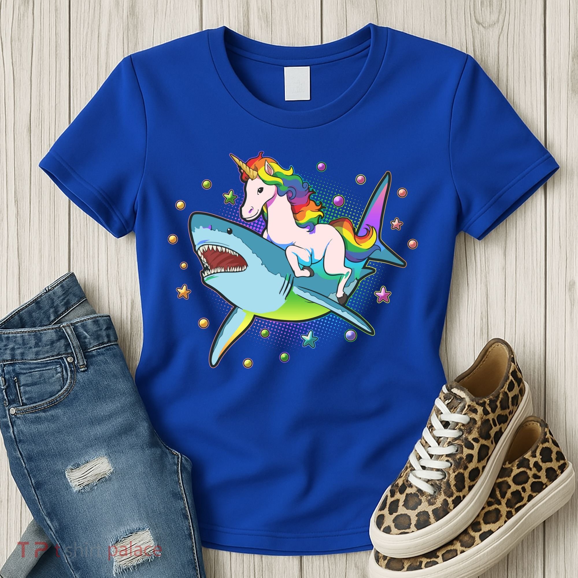 Funny Rainbow Unicorn Riding Shark Women's T-Shirt
