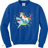 Funny Rainbow Unicorn Riding Shark Kids Sweatshirt thumb 0