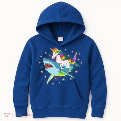 Funny Rainbow Unicorn Riding Shark Kids Hoodie
