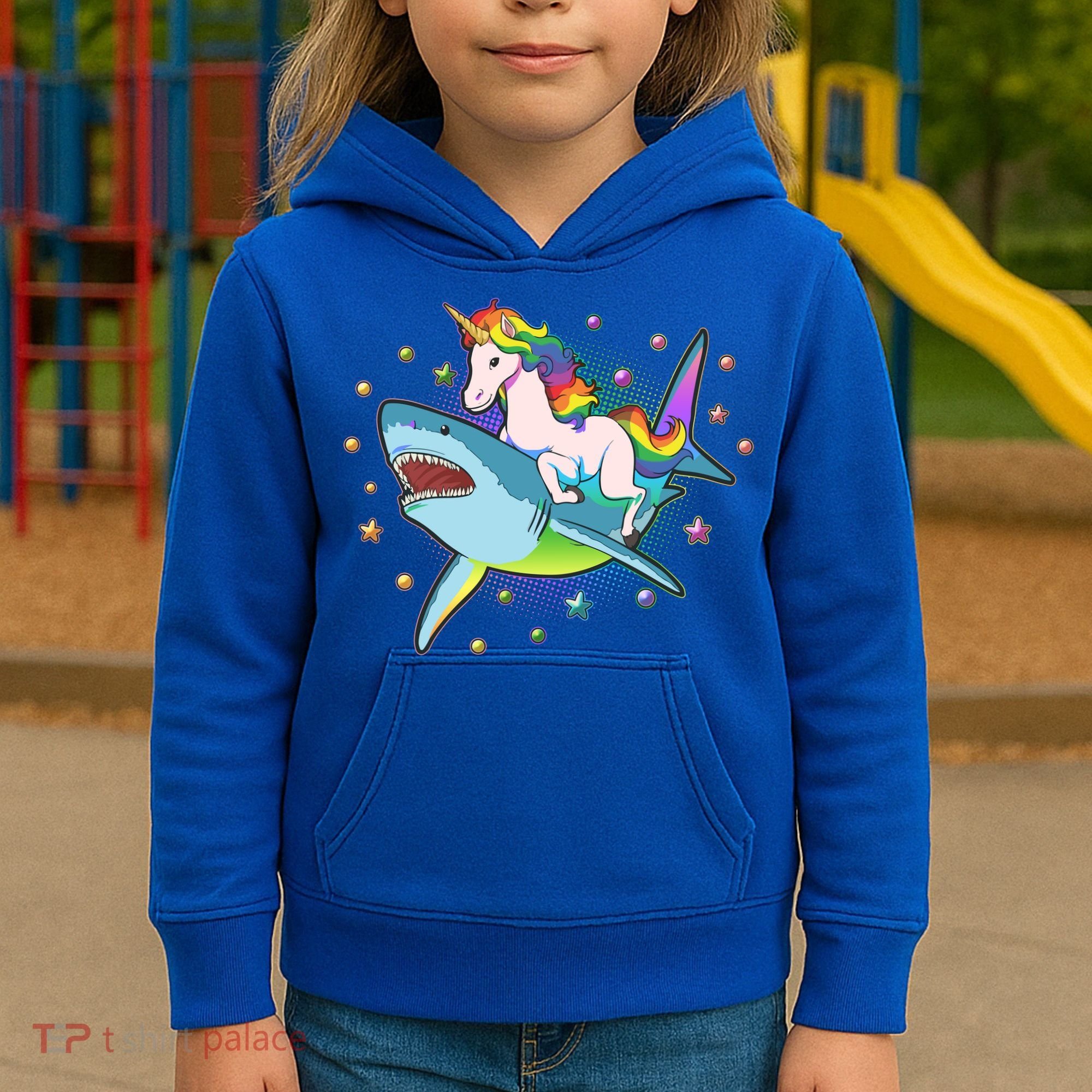 Funny Rainbow Unicorn Riding Shark Kids Hoodie